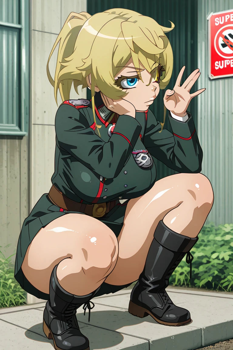 score_9, score_8_up, score_7_up, source_anime, solo, 1girl, seras victoria, hellsing, smug, sinister smug expression, evil, looking at viewer, arms behind back, blonde hair, 1boy, huge oenis, big penis, large penis, dark skinned male, penis on ass, imminent penetration, side view, penis on ass