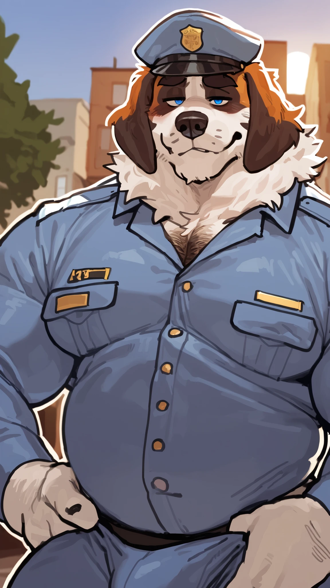 Very_muscular_mature_doberman female dark_brown_two-tone_furry_body brown_eyes milf light_blue_plumber_uniform jeans wife solo Masterpiece best_quality absurdres highly_detailed cleanly_drawn_eyes anthro_only large_breasts by_claweddrip, by_greasymojo, by_underscore-b, by_runawaystride