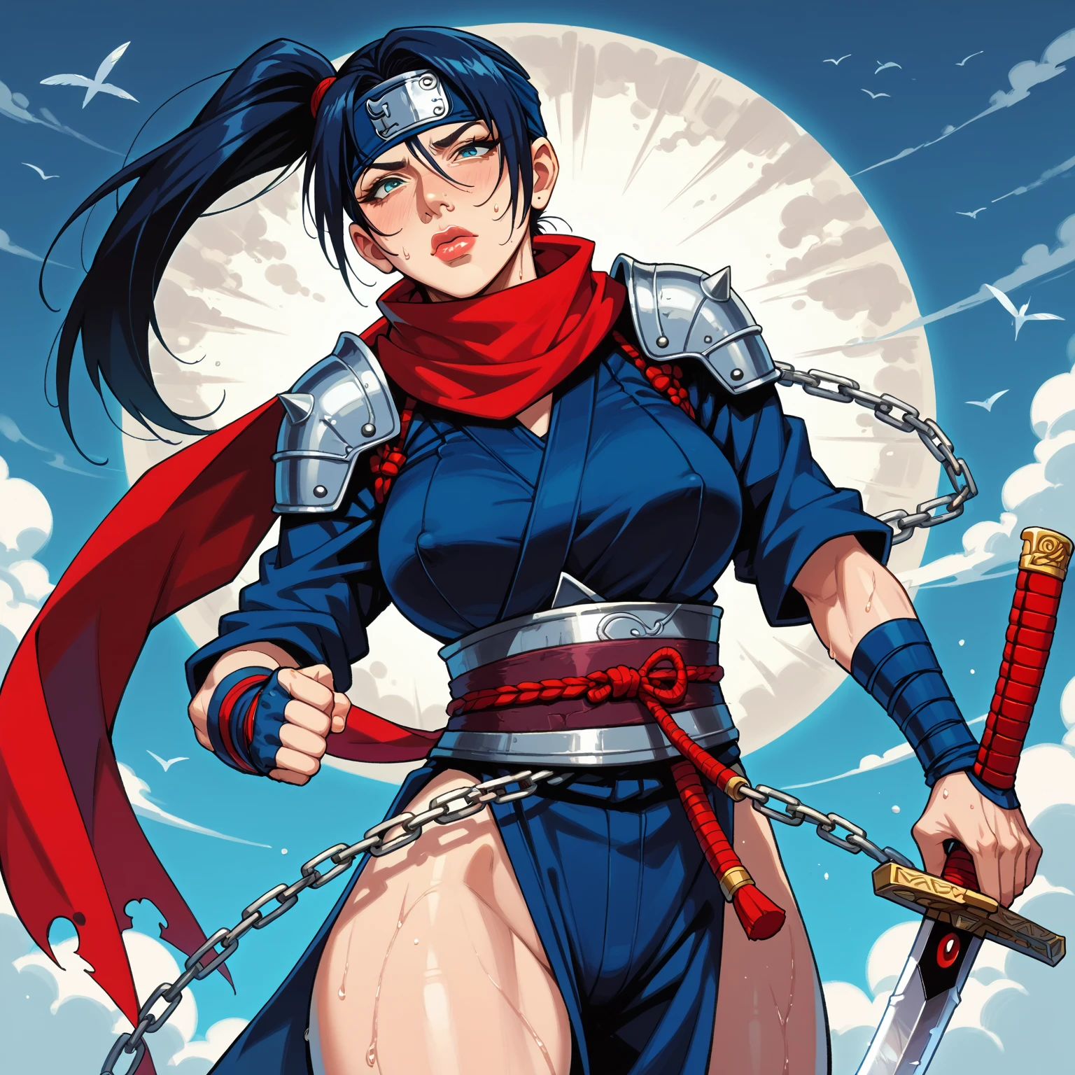 Score 9, Score 8 Up, Score 7 Up, Live Action, Cowboy Shot, (Japanese Anime) Sharp Focus, Sharp Contours, Vivid Colors, (Mature Solo Image) (Experienced Kunoichi) A 48-year-old mature woman in a black outfit, mask, holding a sword, attacking and jumping. She has beautiful chestnut hair tied up. Brandishing a sword, sweating, nervous expression, ideal facial features, small face, slim face, thin pencil nose, upturned nose tip, thin nose tip, thick lips, pointed chin, ideal facial features, small face, thick and large wet lips, wrinkles between the eyebrows, wrinkles around the mouth, smooth skin, red scarf, ((Slender and busty body)), black fitted ninja outfit from top to bottom (see-through chain mail on the upper body), (No bra), (Erect nipples under top: 1.2), (One ninja sword: 1.5), shoulder pads, tabi socks, kunai attached to thighs, wristbands,
(High resolution, masterpiece of hard action, sharp focus, highest quality)