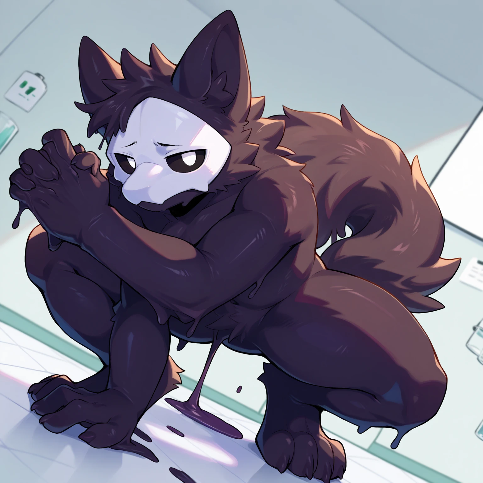 (very detailed illustration: 1.2), best quality, masterpiece, solo, natural lighting, puro, anthro, male, solo, naked, black fur all over his body, young, in an morden white abandoned laboratory.