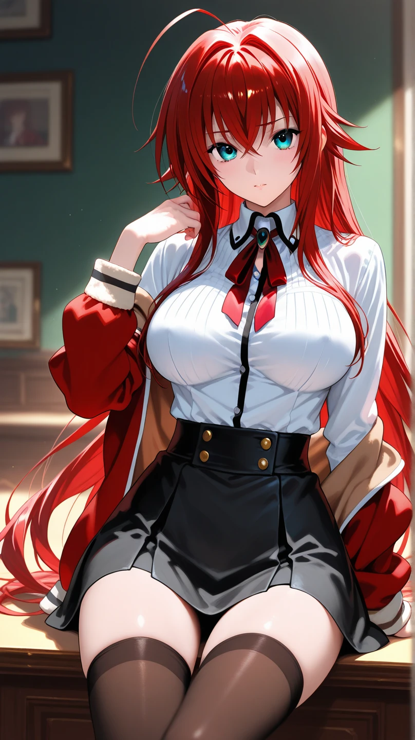 1 anime girl, long red hair,, mock neck long sleeve outfit, cross shoulder, shorts, red lips, smirking,masterpiece,ultra quality, super detailed, NSFW, big breasts,