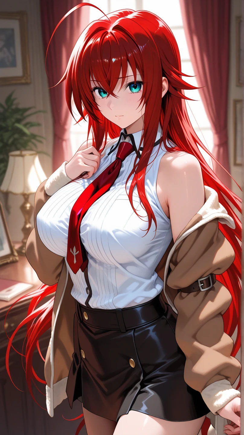 An anime girl with red hair and blue eyes wearing a skirt and an open shirt revealing a black and red lace bra