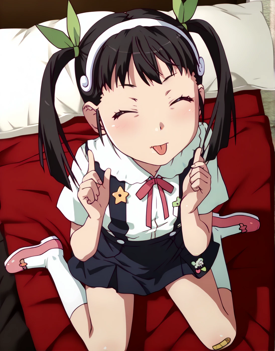masterpiece:1.5, high quality, , blush, Mouth closed, View Viewer, Lie in, behind, Raise your knees, On the bed, Knees on chest, ((Spread your legs)), indoor, (((White panties))), Panty shot, Eyes Wide Open, smile, Upper Body, Front view, hachikuji01, Long Hair, Brown Hair, Red eyes, Flat Chest, long Twin tails, Twin tails, hair ribbon, White hair band, mini skirt, shirt, ribbon, Green Bracelet, , white shirt, Short sleeve, Blue Skirt, suspenders, suspenders skirt, White socks, star \(symbol\), change, Official Style, in bakemonogatari style, Skirt flip, skinny, body, The body is slim, Slim waist, Thin legs, Slim Hips, , cute, cute,