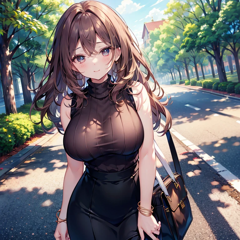 Walking next to my boyfriend、The viewer is my boyfriend、masterpiece, Highest quality, Very detailed, ,The finer details, Anime Style, One Girl, 22 years old, Cute Face、Large Breasts、Big Ass、Tight waist、Dynamic Angle、from above, Long Hair、Beautiful Eyes、Dark brown hair, Shiny Hair, Light brown eyes、In front of the station in the evening、Meeting、happy smile, blush、 Tote、Cute outfit、black off-the-shoulder top, hallow depth of field