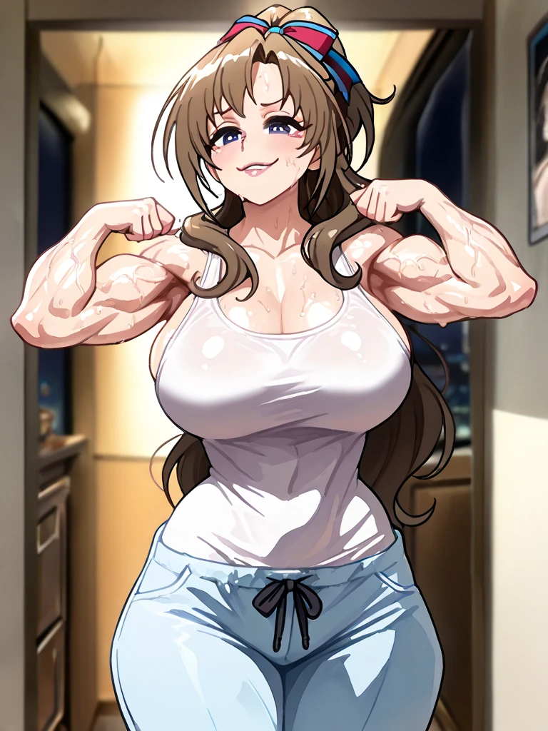 olgdmi, 1girl, solo, long hair, looking at viewer, swimsuit, brown hair, green eyes, tall, big tits, huge breasts, fit, muscular, 8 pack abs, strong oblique abs, best quality, ultra high res, high resolution, detailed, masterpiece, looks feminine