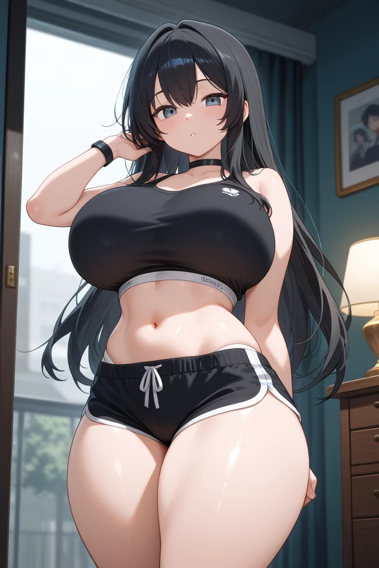 masterpiece, best quality, 1girl, solo, adult, trainer, hair between eyes, slim, big breasts, tiny smile, looking at viewer, gym, moody, sfw