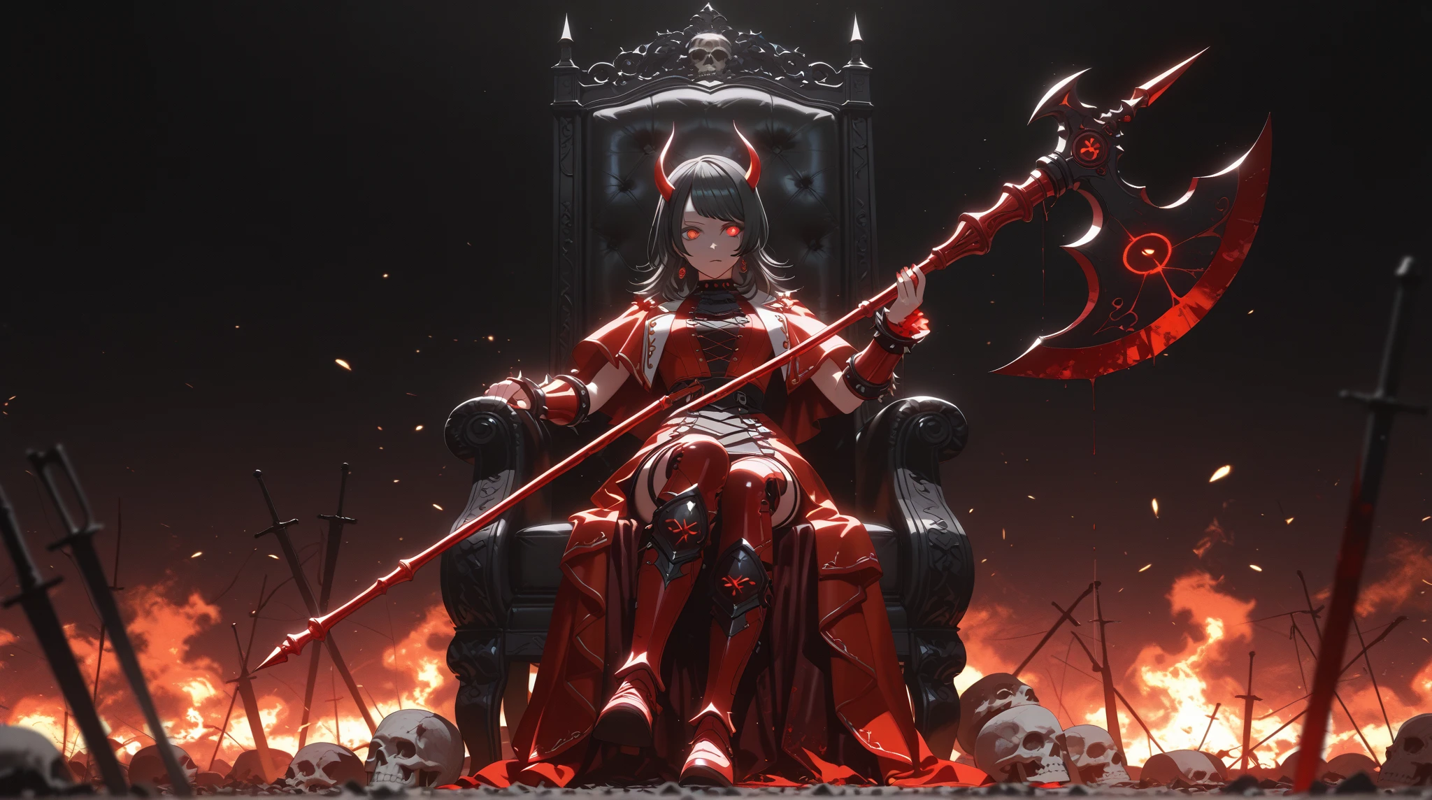 one girl, is the side of the band :1.2, whole body ,Yahata Umiri, Ave Mujica, long hair, black hair, clad in crimson spiked armor stained with blood, eyes glowing with scarlet fury,wielding a massive double-headed axe, devil horns, Sitting on the Skull Throne, standing in a burning battlefield littered with bones and broken weapons