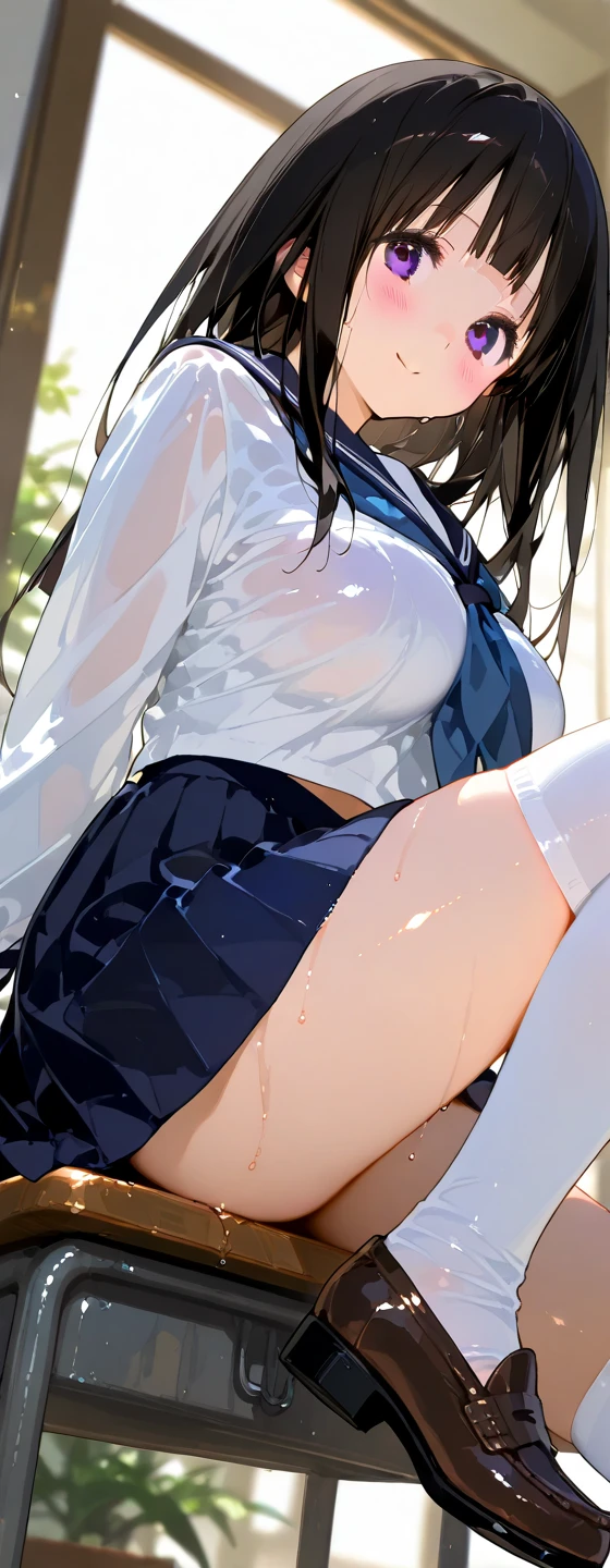 Highest quality, Soft Light, Ultra-high resolution,People Girls, alone, y, （Ecstatic face), （Open your mouth:1.2）,(Brown eyes), Beautiful face in every detail,(High resolution detail of human skin texture), (Brown long hair）, break,(Sweat:1.5),Sigh,（After Sex7）,Saliva dripping from the mouth,Dress shirt,tie,Pleated skirt,Half-naked,es,Sprr legs,My leg is being grabbed,A lot of  under my feet,(Fellatio gestures: