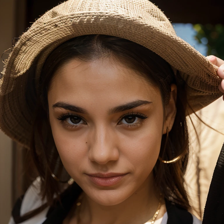 closeup portrait of jane-march wearing a hut , highly detailed, extremely sharp focused