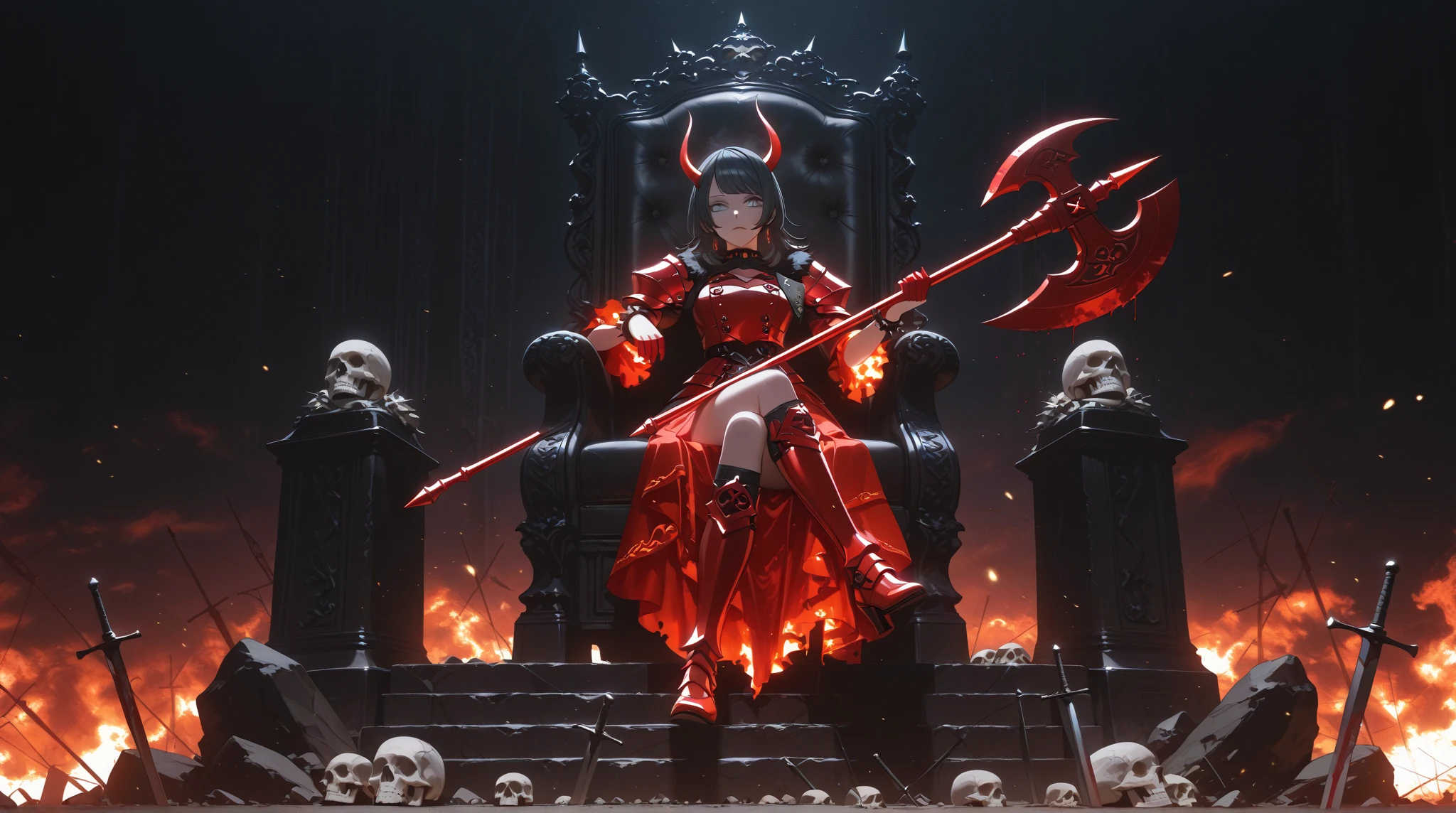 one girl, is the side of the band :1.2, whole body ,Yahata Umiri, Ave Mujica, long hair, black hair, clad in crimson spiked armor stained with blood, eyes glowing with scarlet fury,wielding a massive double-headed axe, devil horns, Sitting on the Skull Throne, standing in a burning battlefield littered with bones and broken weapons