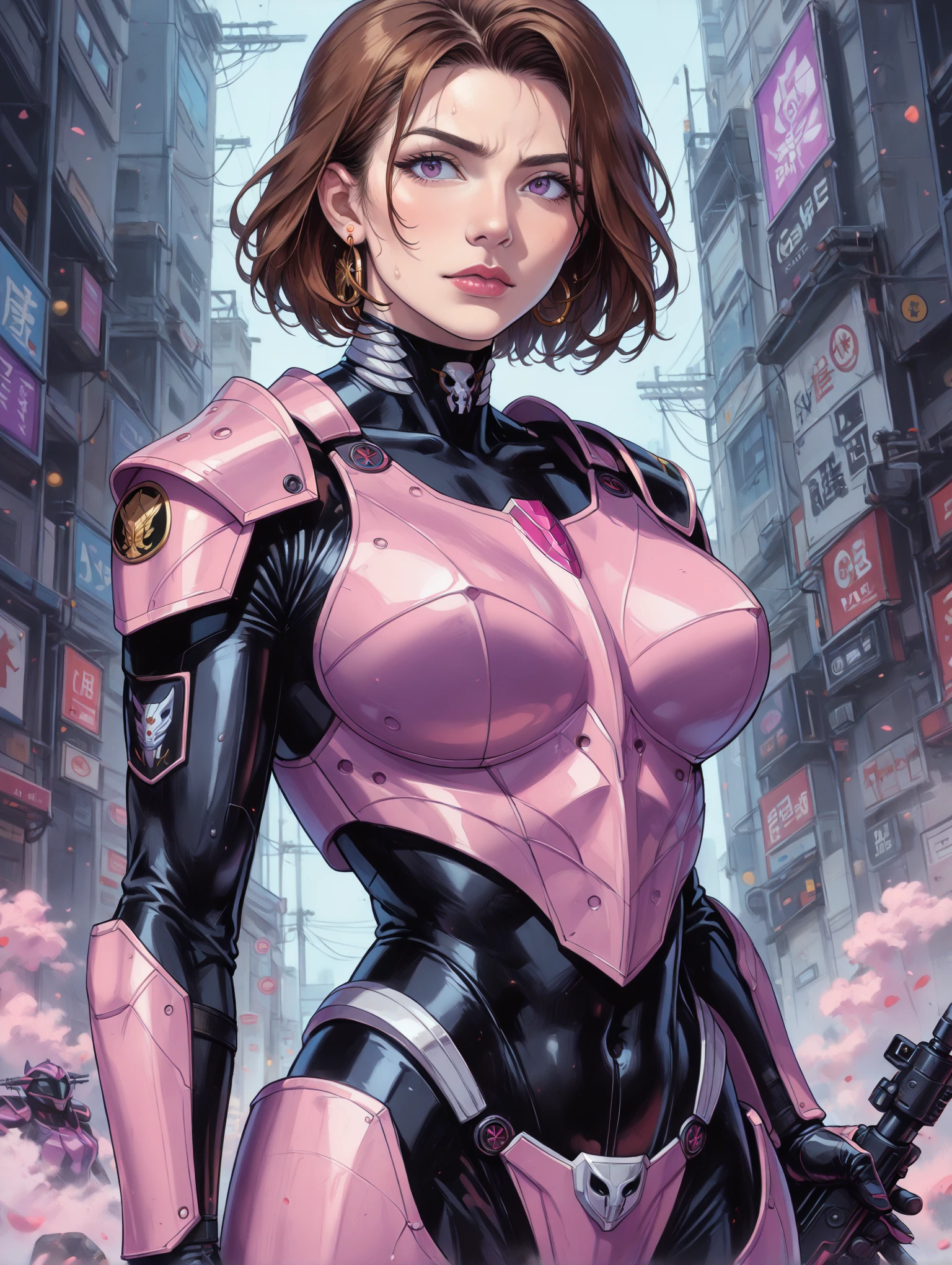 Score 9, Score 8 Up, Score 7 Up, Live Action, Cowboy Shot, (Japanese Anime Style)(Realistic Fantasy)(Clear Focus)(Sharp Contours)(Vivid Colors), (Dynamic Angles and Positions)(Intense Battlefield Combat Scene: 1.2)(Emphasis on Powerful Movement)(Solo Shot of a Woman)(48 Year Old Japanese Woman), (Purple Power Ranger)(Holding an Assault Rifle: 1.2)Brown Hair in a Chignon, Sweaty and Tensed Expression, Thin Face, Very Thin Pencil-Like Nose, Upturned Nose Tip, Thin Nose Tip, Thick Lips, Pointy Chin, Slender Body (Large Breasts)(Purple Base and Body Armor Suit: 1.5)(No Bra)(Nipples Protruding from Under Top)Gear, Bone Conduction Communication Choker, Small Bomb Earrings, Dynamic Angles, Best Quality, High Resolution, Ultra High Resolution Photos, Ultra Realistic Textures, Glossy Skin, 8K Resolution, 16K Resolution