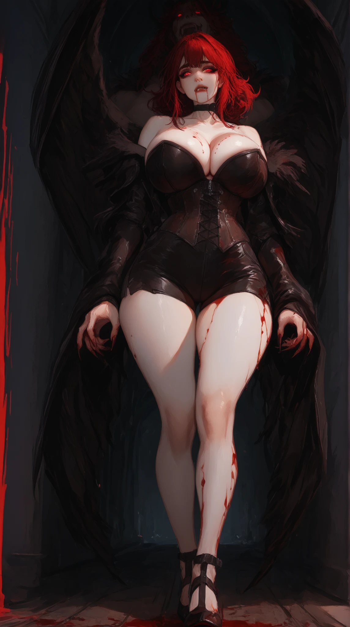 Magic, Angel, Fallen Angel, Black Angel, Big Wings, Black Feather, big natural breast, leaning forward, showing large cleavage, Darkness, Evil Creature, Skull, Black Thorn Hair Ornament, Blood Red Roses, Dark Red Clothes, Black Crown, tattoos in full body