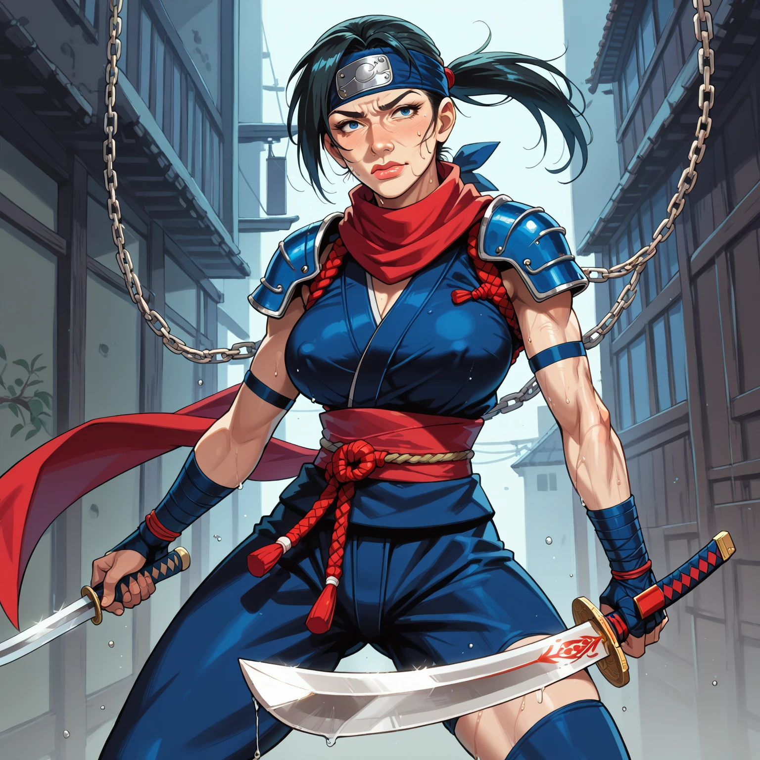 Score 9, Score 8 Up, Score 7 Up, Live Action, Cowboy Shot, (Japanese Anime) Sharp Focus, Sharp Contours, Vivid Colors, (Mature Solo Image) (Experienced Kunoichi) A 48-year-old mature woman in a black outfit, mask, holding a sword, attacking and jumping. She has beautiful chestnut hair tied up. Brandishing a sword, sweating, nervous expression, ideal facial features, small face, slim face, thin pencil nose, upturned nose tip, thin nose tip, thick lips, pointed chin, ideal facial features, small face, thick and large wet lips, wrinkles between the eyebrows, wrinkles around the mouth, smooth skin, red scarf, ((Slender and busty body)), black fitted ninja outfit from top to bottom (see-through chain mail on the upper body), (No bra), (Erect nipples under top: 1.2), (One ninja sword: 1.5), shoulder pads, tabi socks, kunai attached to thighs, wristbands,
(High resolution, masterpiece of hard action, sharp focus, highest quality)