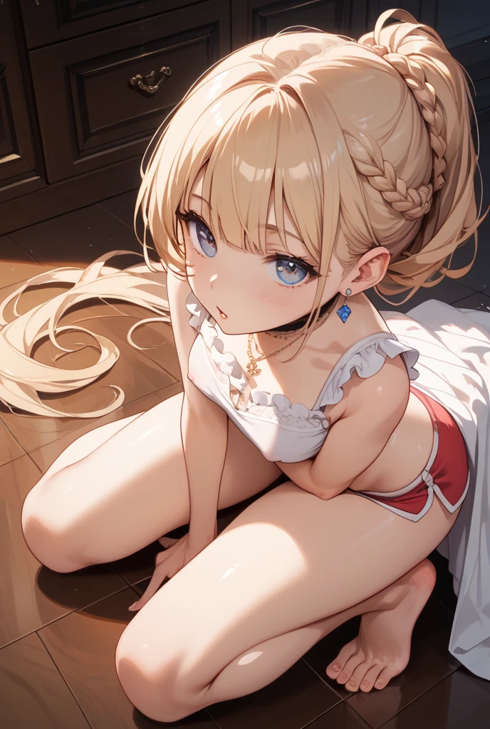 Shiny blond hair, very long hair, sophisticated haircut, ((((hair fully braided)))), ((small twisted braids)), thin and oval face, submissive, ((((tight wool crop top)))), ((((tight skirt)))), cute and blushing 18 years old anime girl, look away because she is embarrassed and blushes, bright blue eyes, detailed face, detailed members, detailed arms, detailed hands, Girl lying, tied by ropes, shackled, can no longer move, tied tightly, very hard tied up with lots of ropes, hampered by so many ropes that she can no longer move, bound hands and feet, ropes tie his whole body, tied extremely tightly and forcefully to her bed by a lot of ropes, its limbs are strongly tied together by ropes, his torso is tied up with thick cords, her chest is so tied up with ropes that it sticks out, her legs are tied tightly with thick ropes, his hands are tied behind his back with ropes, she can no longer move her feet, her hands which are tied by thick ropes, she desperately tries to free herself, likes to be tied tight with big ropes, likes to be immobilized by big ropes, lying down, his hands and feet are strongly tied to the railing of his bed, his legs are pressed together and tied with ropes, its limbs are held vigorously by imposing ropes, her hands are tied securely behind her back by ropes, her chest is compressed by strong ropes, she is pressed against her bed and restrained by large ropes, (shibari, arms behind the back:1.4), (hands on the back), (masterpiece, best quality) 1.5, 1girl, solo, (sexy, beautiful woman, perfect face, perfect eyes, perfect hands), samus aran, (hands on the back), Spread the legs, s&#39; ((lie in bed by big ropes)), ((close up of the girl)), ((((lie in bed)))), ((((arms tied behind the back, Legs Tied,La fille est allongée sur le ventre, La fille est allongée sur le sol:1.5)))), ((((girl seen from behind:1.4)))), ((((girl lying down on her stomach:1.4)))), ((((Outstretched arms:1.5)))), ((((Detailed hands:1.5))))