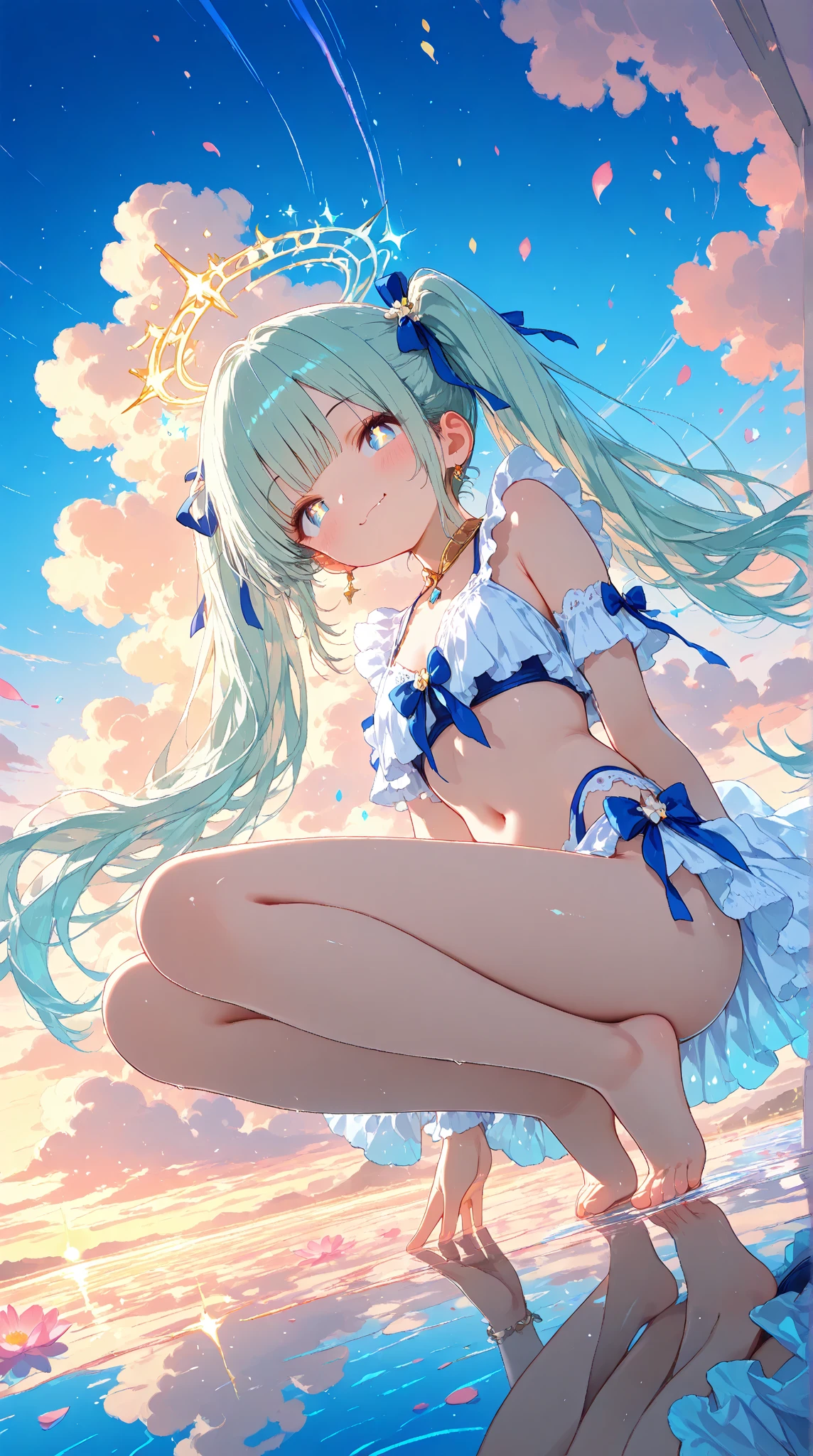 Summer clear sky flower sea far girl back, bare buttocks,
