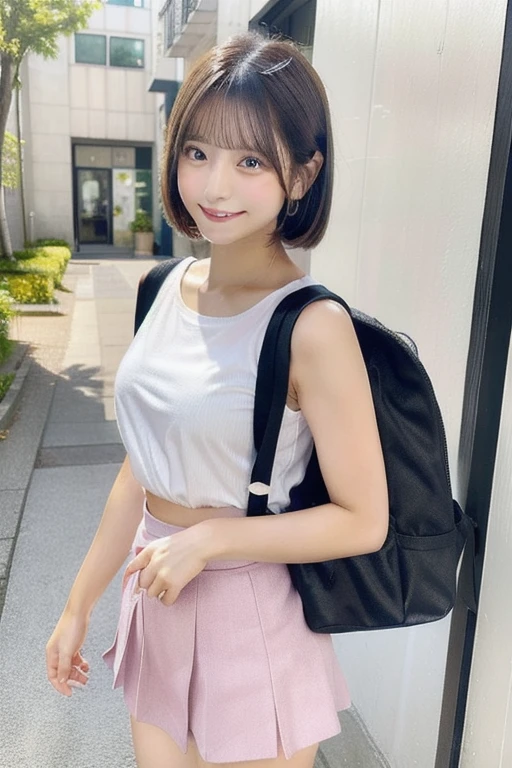 8K,masterpiece,Japanese,teenage girl,12years old(1.3),short stature,girl,from the front,Innocent face,calm eyes,Childish,
detailed face,
baby face(2.0),light eyebrows,Downturned eyes,baby skin,No makeup,no eyelashes,Small nose(0.7),
slender,tiny,slim legs,
wearing tank top,wearing check mini skirt,wearing white panties, (carrying enamel randoseru),(carrying enamel school bag)wearing white panties,
((smile,laugh,laughing)),look away,((blushing)),