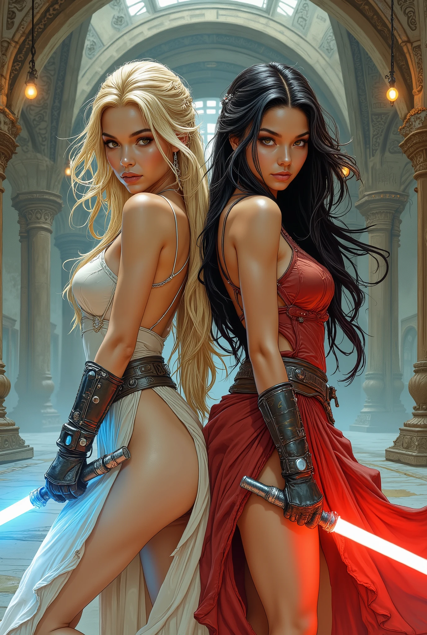 Score_9, score_8_up, score_7_up, ((highest quality)), ((masterpiece)), Perfect Anatomy, Perfect Face, (High definition), (Best Shadow), 8k, cinematic. Luis Royo's style, comics sexy art. Two women, ((two distinct characters:1.3)), wearing a revealing seethrough sleeveless large tunic, stunning bodies. (1)a Jedi sexy blonde woman with blue lightsaber, (2)a Sith sexy brunette woman with red lightsaber. ((full body view:1.3))