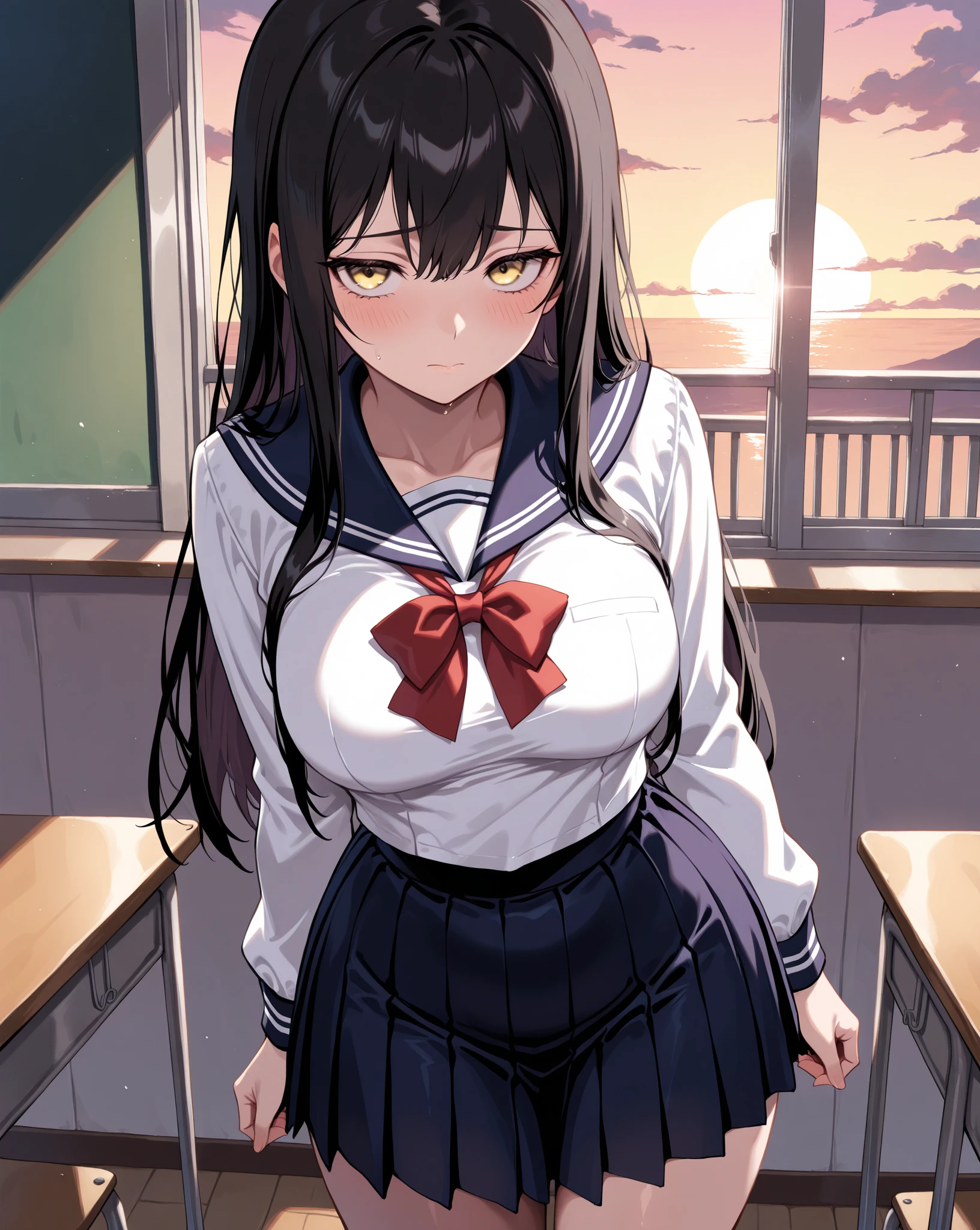 kagome, 1girl, school_uniform, skirt,,looking viewer,open legs,spread legs,my room,huge breasts,nsfw,sweating,blush