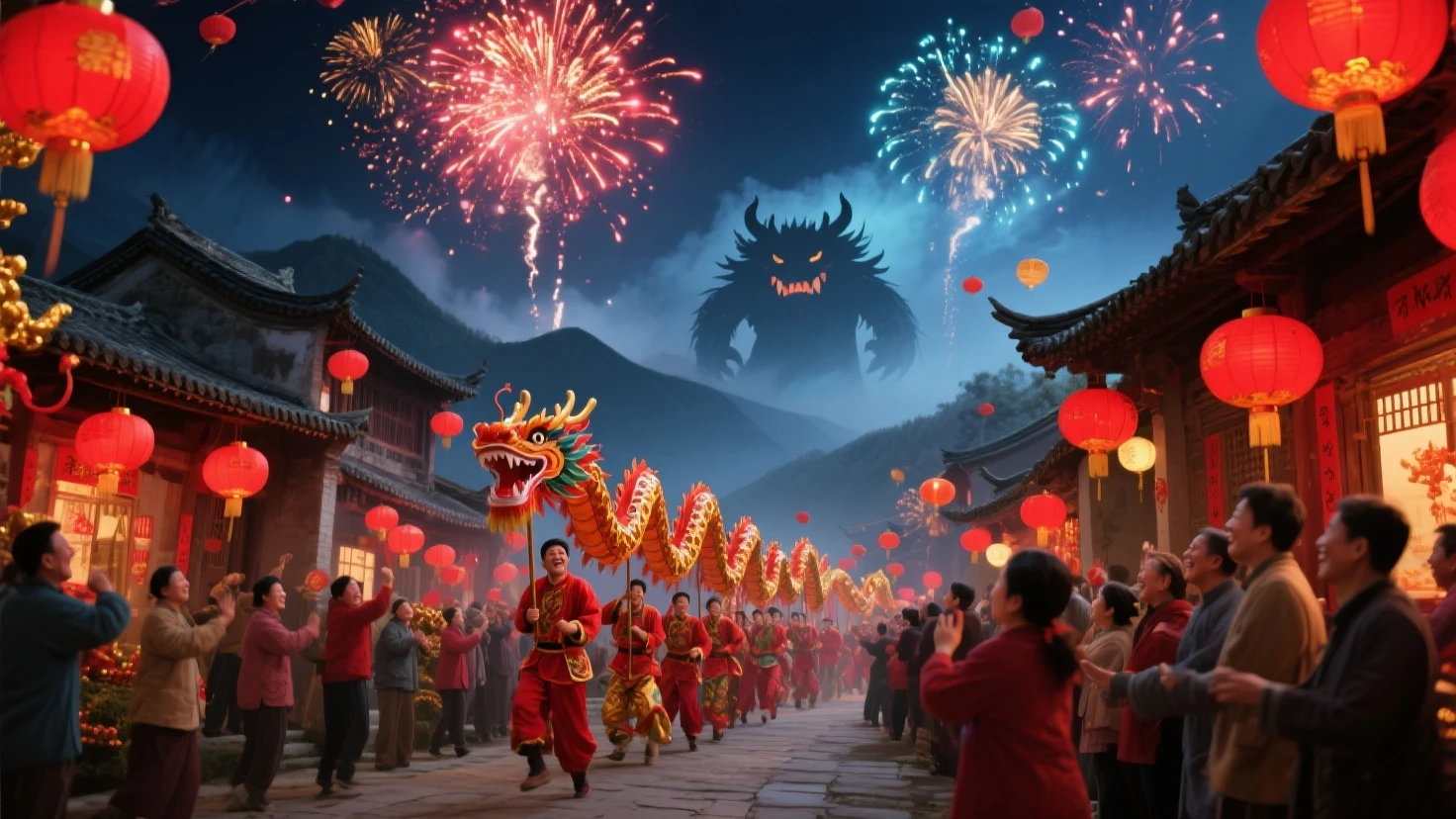 masterpiece, best quality ultra-realistic mix fantasy,lantern,(1child:1.3),Guofeng,Crowded streets,(Firecrackers:1.2),(Lion dance:1.5),Festive decorations,colorful background, night sky, flame, very detailed, high resolution,<lora:add_detail:1.2>