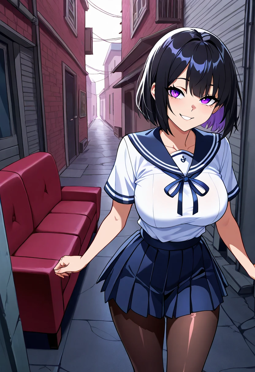 Young girl with blue hair,short straight hair and short bangs (purple eyes),, ((small bushy eyebrows)), wearing gothic lolita clothing, lolicon , (medium large breast, breasts out of blouse), to school, bored look, bored face,, girl sucking penis cum bubbling out her mouth, in a street, girl giving a deepthroat blowjob to male, multiple vignettes
