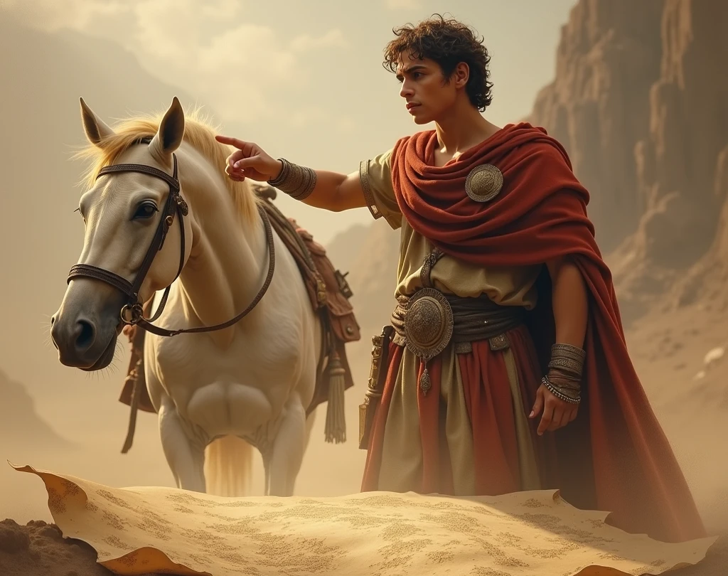 A young skinny prince white skin beautiful face handsome shirtless in a small Roman carriage with 4 horses in the desert  miestras otro romano lo persigue en otro caruaje con un alcon
