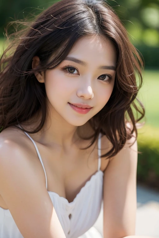 A young woman, brown hair, calm smile