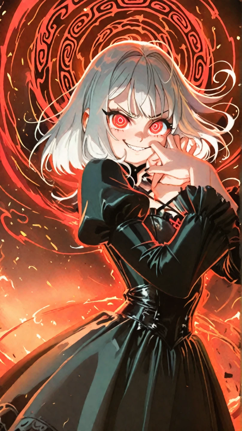 1 demon girl, 10 year old loli, solo, cute smile, long white hair,  pale skin, dark sweater, white thighhighs, red rough texture horns, yellow eyes, fantasy, dramatic lighting , hell scenery 
best quality, masterpiece,