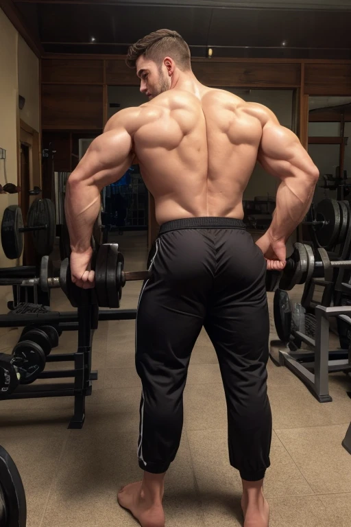 hulk photography, light cinematic heavyweight bodybuilder, 75 kg of complete muscle,  Bigote grueso y trozo chino barbudo, hombres muy guapo. perfect body proportion,, hypermuscular nalgon, realista,  cowboy with hat, black shorts, backside, trasero inclinado