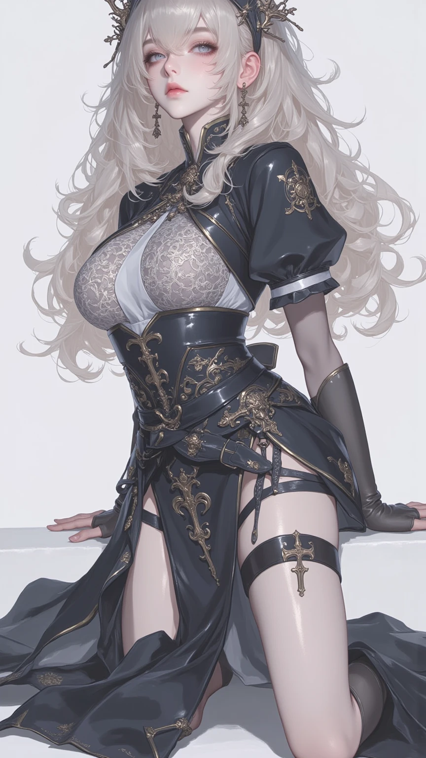 top-quality、realistic touch,high-detail、photoRealstic、Long body、skirts that are too short、Tube Top Outfits、big eye、Big breasts that are about to fall out of your clothes、Strong platinum blonde eyelashes、platinum-blonde、Beautie、A sexy、full body Esbian、Sparkling eyes、Submissive smile、Flushed cheeks、Kamimei、thin-waist、Voluptuous thighs、Enraptured look、Raked bangs、The forehead is protruding、See-through clothing、high-heels、Underwear that shows camel toes、She is chained off-screen with a collar and chain..、