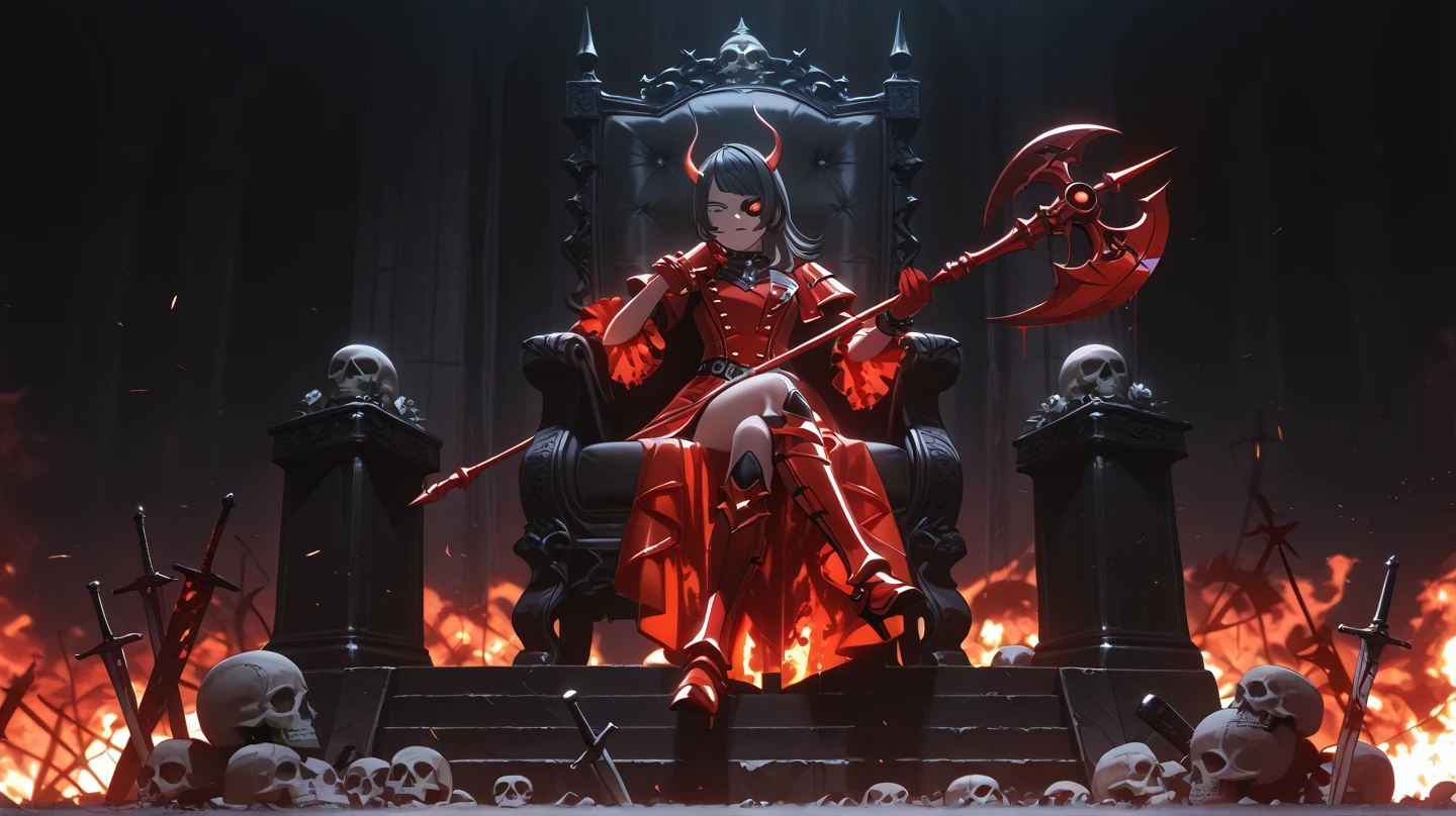 one girl, is the side of the band :1.2, whole body ,Yahata Umiri, Ave Mujica, long hair, black hair, clad in crimson spiked armor stained with blood, eyes glowing with scarlet fury, devil horns, Sitting on the Skull Throne, standing in a burning battlefield littered with bones and broken weapons