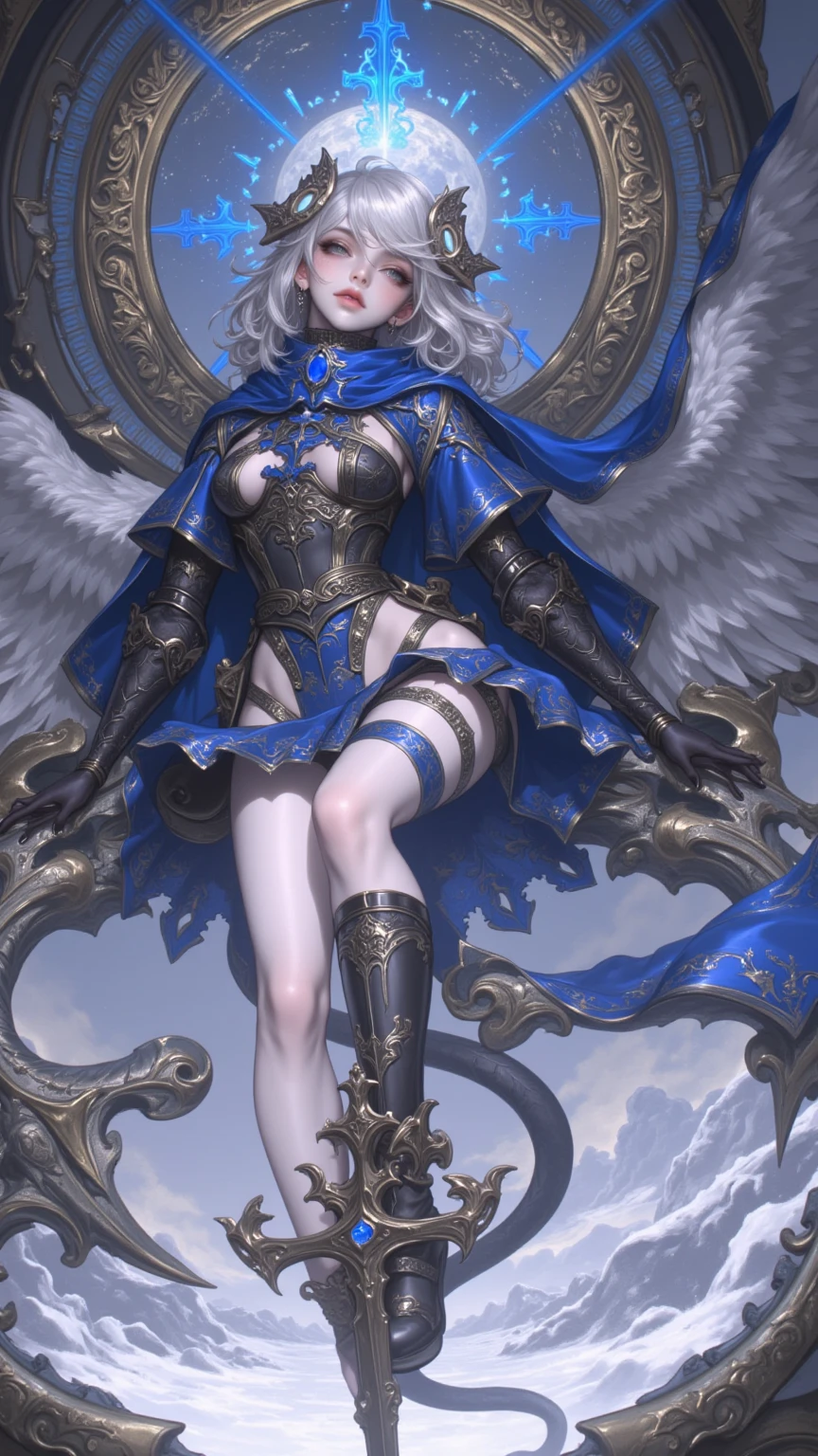 ((best quality)), ((masterpiece)), (detailed), 1girl, Character design, female, dynamic poses, long white grey hair, grey white eyes, very skinny, detailed, best quality, no accesoires around the neck, no shoes, prominent collarbones, skinny arms, flat stomach, visible hip bones, full body, blank white background, plain background, white background, red and white clothing, Bloodborne inspired, occult aesthetic, occult, detailed and intricate steampunk and detailed gothic, NSFW, Very dramatic and cinematic lighting, cosmic horror, grim-dark, side-lighting, perfect face, NSFW, Fluttering lace flared long knee length dress with frilly petticoats, knee length dress, pleated petticoats, petticoats gothic, complex lace boots, side-lighting, gothic aesthetic, wielding a mighty sword with mechanical components, mandalas, a fairy, various different types of insect wings, NSFW, full body, whole body, body, plain background, white background, blank background, no background, white background NSFW, chains, full body, whole body, head-to-toe NSFW