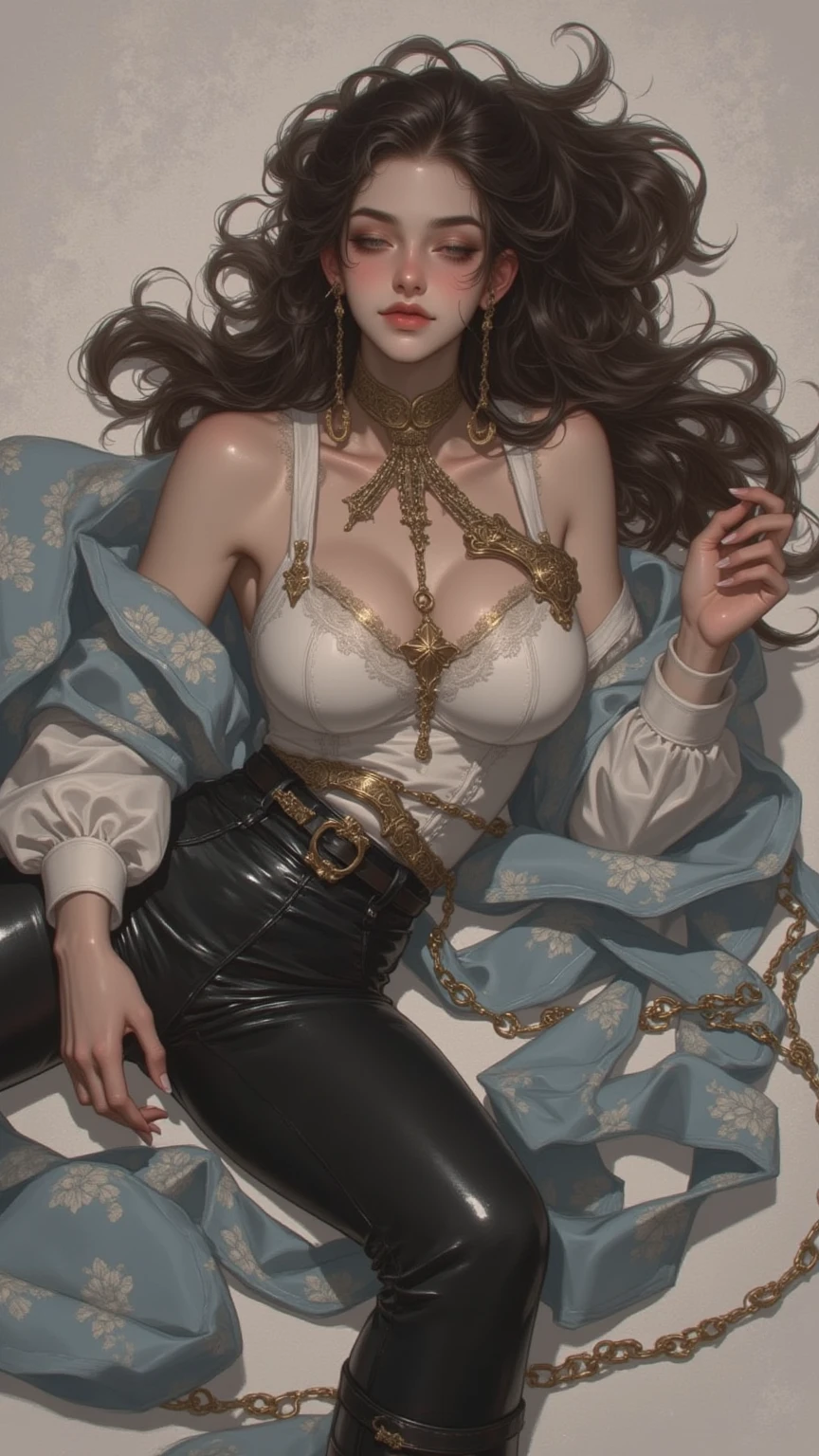A beautiful woman with long shiny black hair, choppy bangs, a delicate face, a cold proud gaze, a fit figure, a fantasy-style high-necked leather breastplate top, sleeveless, exposes her waist, a bracelet adorns her wrist, tight-fitting leather pants, her right hand holds a Katana with a blue scabbard, she lounges casually sitting on a sofa, this character embodies a finely crafted fantasy-style bounty hunter in anime style, exquisite and mature manga art style, (Alexandra Daddario:1.2), high definition, best quality, highres, ultra-detailed, ultra-fine painting, extremely delicate, professional, anatomically correct, symmetrical face, extremely detailed eyes and face, high quality eyes, creativity, RAW photo, UHD, 32k, Natural light, cinematic lighting, masterpiece-anatomy-perfect, masterpiece:1.5