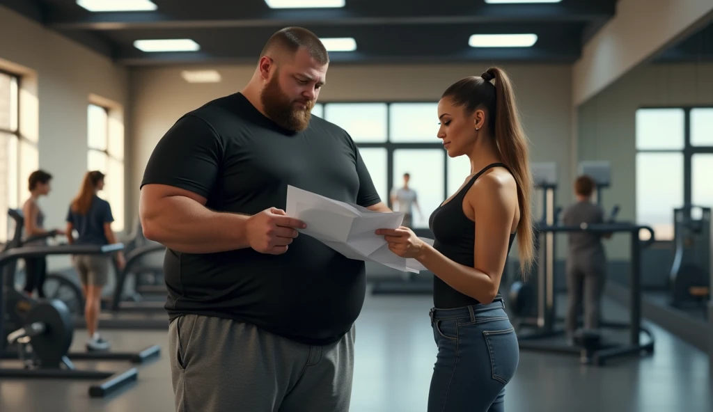 Create a blog post image of a fatty man who learned how he loses his belly fat from a fitness expert girl in the gym