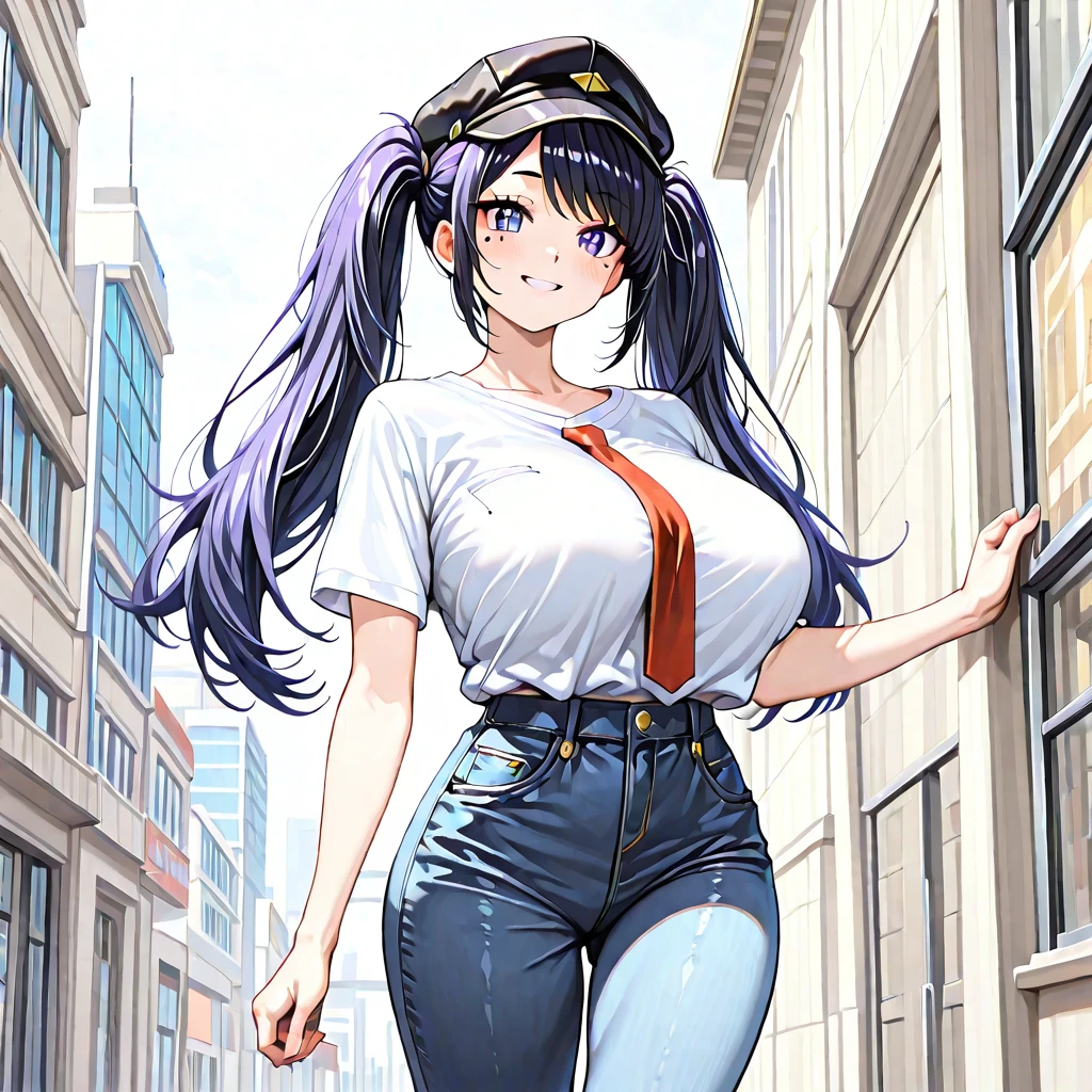 a cartoon character in a sexy suit posing on the street with a bush, police officer, police uniform, 1 girl, police woman, shirt, skirt, hat, tie, police cap, blue eyes, gloves, breasts, purple hair very dark, thighs, solo, navel, garter straps, looking at viewer, short sleeves, large breasts, underwear, miniskirt, midriff, ass visible through thighs, panties, outdoors, indentation, braid, hand in hand hip, belt, black skirt, uniform, collared shirt, frown, thigh highs, peaked cap, crop top, black panties, blue shirt, chest pocket, V-shaped eyebrows, Eiko Tsukimi, blue eyes, purple hair very dark baseball cap