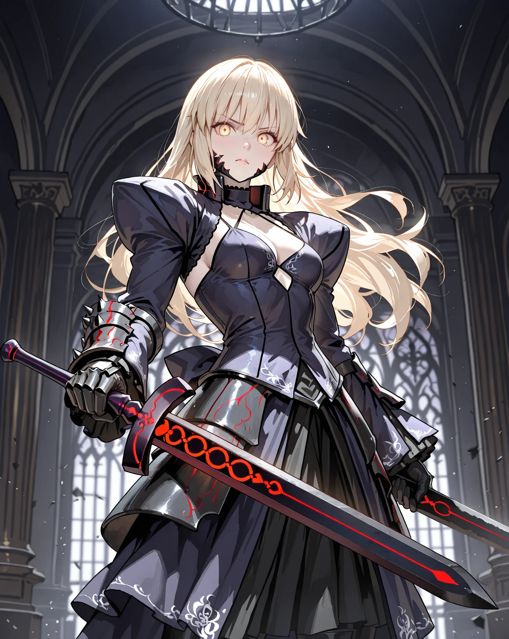 ((blood droplets)), ((blood)), ((blood splatter)), ((blood on clothes)) ((blood stain)), masterpiece, Superior image quality, High resolution, 4k image,photo and gross, photorealistic, Whole body, torn clothes, 1 young blonde of 15 years, fighting pose, {{{vagina}}}, big breasts, beautiful face, Long blonde hair, blue eyes, very detailed eyes, serious expression, choker:1.6, (white collar button down long sleeve shirt), black gloves, gloves that cover hands, (wields a sword in his right hand), (black leather corset), (shiny black leggings), Sensual Lips, show details in the eyes, View from the front, looking at the viewer, standing in a dark room, at night, crimson sky,