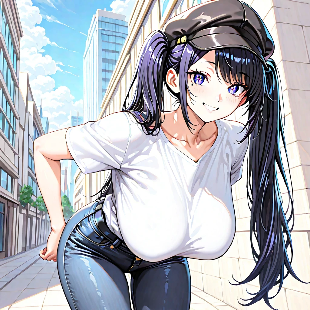 todoshizuko, Purple Hair, ponytail, Hair Ribbon, Long Hair, blue eyes, compensate, , Big Breasts, alone, Browsing Caution, Nipples, ride a bicycle, Topless Blazer Skirt