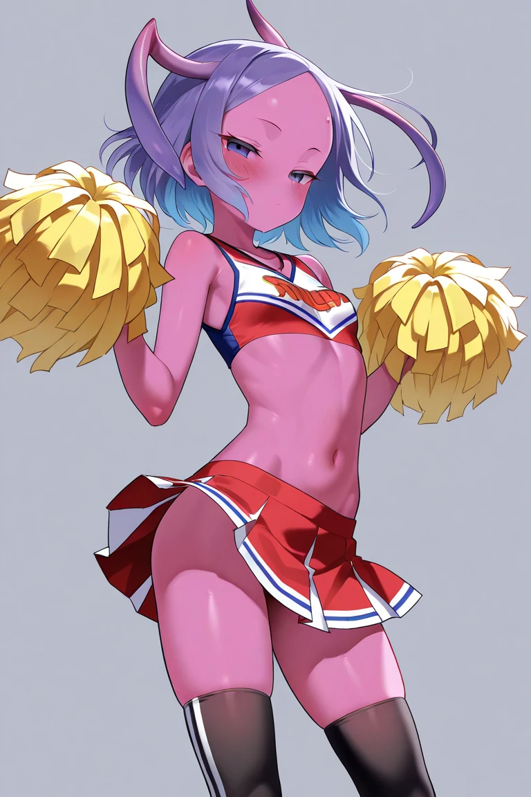 dragon, purple hair, (Beige dragon horns), Cyan eyes, scale, paws with claws, Orange spread wings, orange ponytail with purple hair at the tip, anthro, Average Breasts, Hairstyle high, dragon head, naked body, stadium, Cheerleading, Support group, Female genitals, A big smile