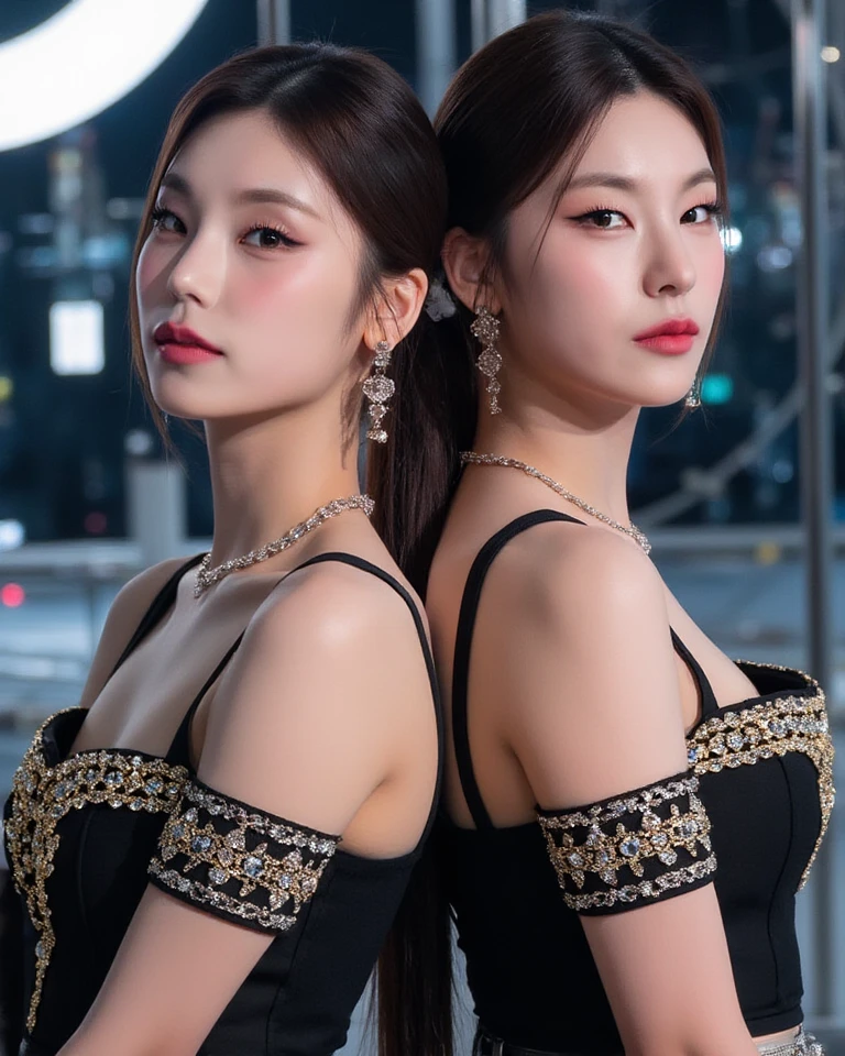 ((Midnight, Top Quality, 8k, Masterpiece: 1.3)), Above the waist, Long legs, Sharp Focus: 1.2, Pretty woman with perfect figure: 1.4, ((Brown hair, big: 1.2)), (Sheer party dress, dress sparkling with sequins and jewels, Standing: 1.2), ((Night City View, Rooftop: 1.3)), Highly detailed face and skin texture, detailed eyes, double eyelids, blue eyes, night scene, gaslight and oversized earrings and necklace