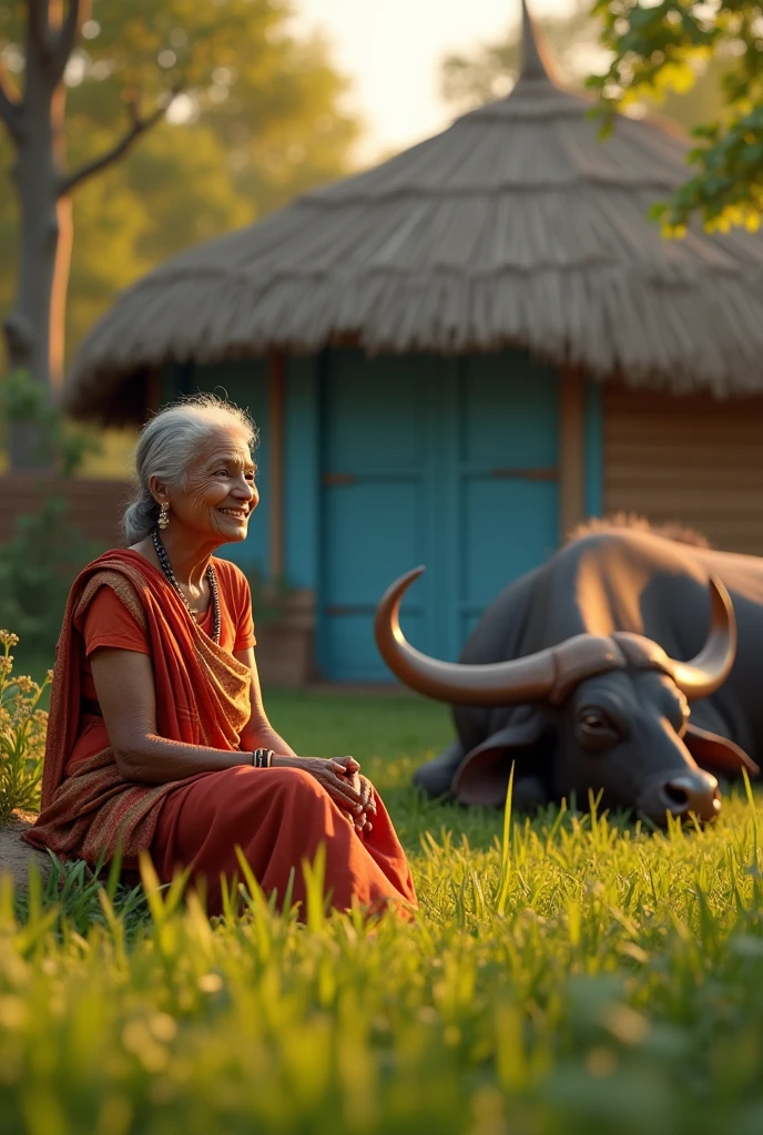 Realistic 3D render of an elderly Indian woman sitting happily in a ...