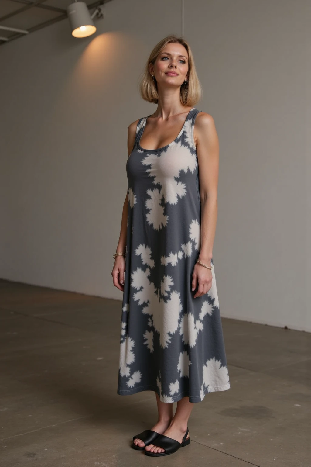 Australia in the 1960s, a beautiful mature woman, she is 65 years old, white, slim and tall, small breasts, large buttocks, she has well-shaped breasts with pointed tips, long blonde hair that is gently wavy, blue eyes, long eyelashes, perfect make-up, she is wearing a smooth, thin knitted dress, the knitted dress is short and brown in colour, in a dimly lit room, the backlight creates deep shadows, she is an intelligent beauty, but wrinkles and loose skin on her body are noticeable, the camera captures her face in realistic detail, professional lighting, professional camera,