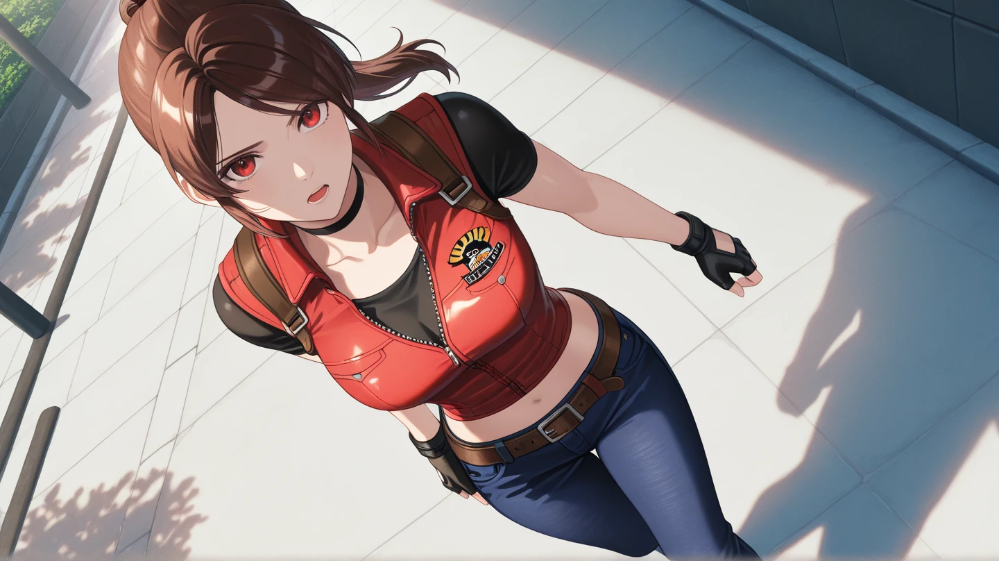 Woman, 30 years, sleeveless turtleneck shirt, short shorts and belt, adult, red, saliva dripping, hot wet woman, NSFW, open legs, from above