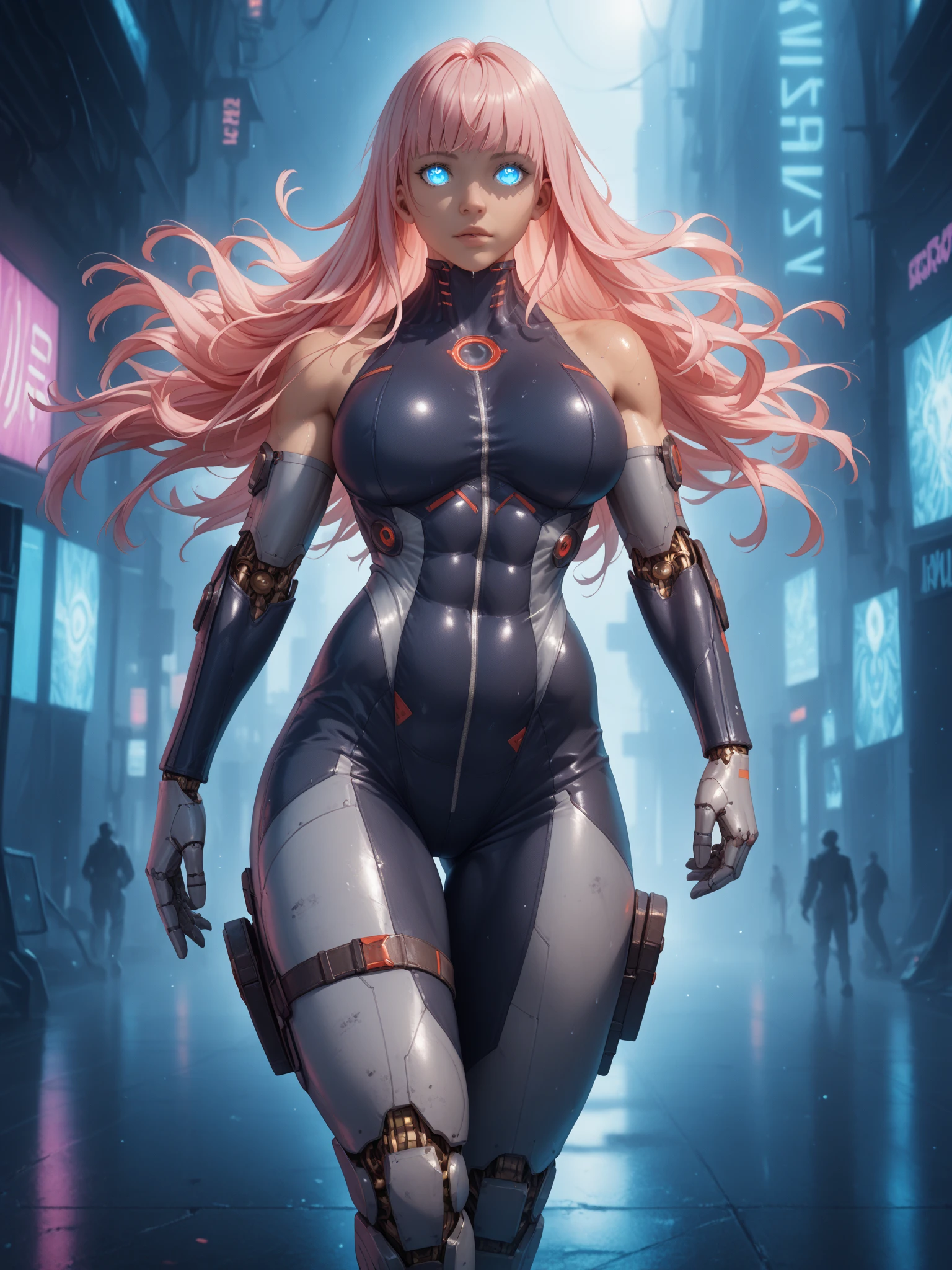 Sexy mechanical girl with prosthetics, cybernetic prostheses with elements of flesh, long pink hair, violet eyes, mechanical exoskeleton, android robot, big hips, bust, open neckline, panties seen, background city metropolis in anime style futuristic 