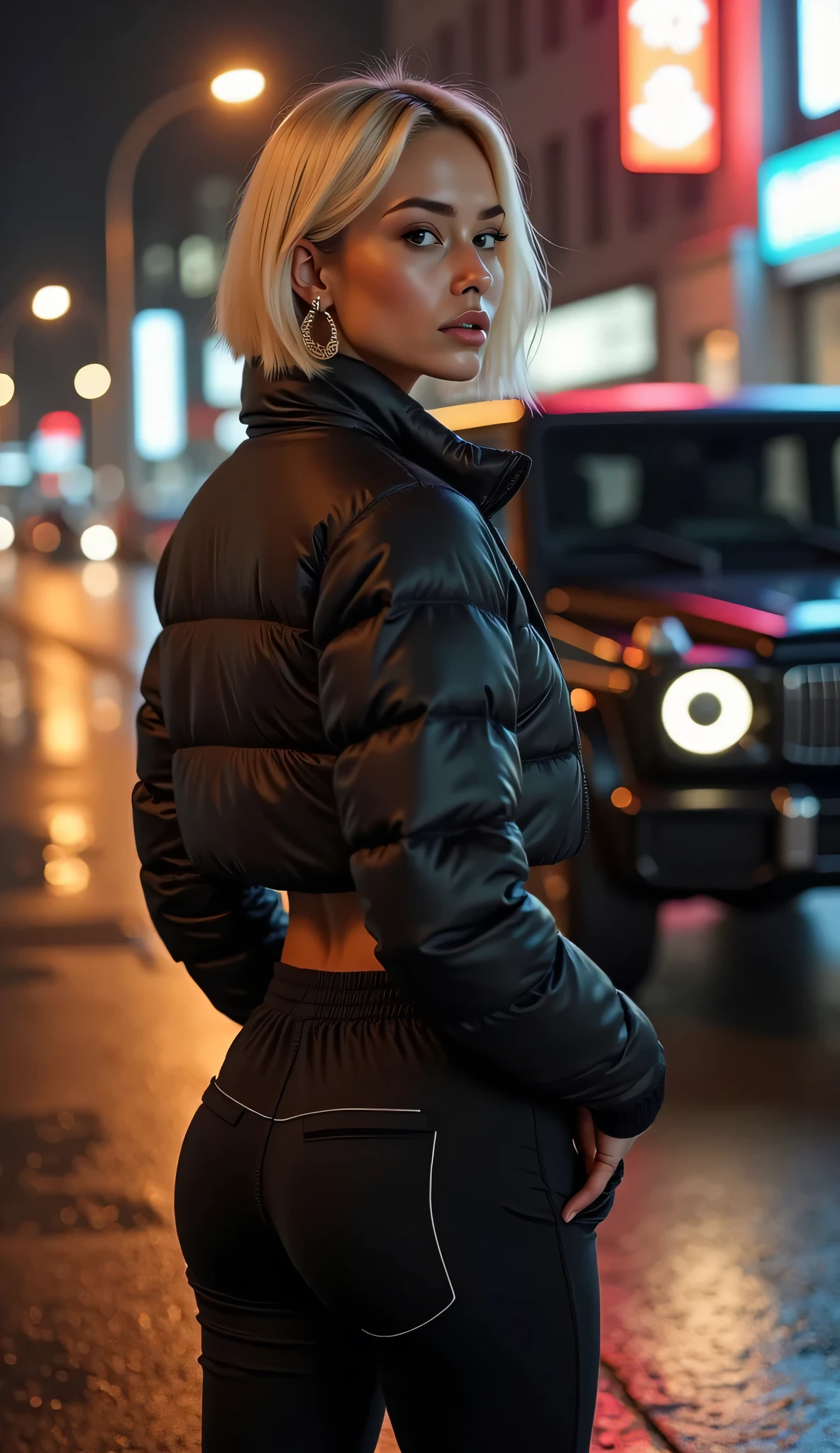 sexy African American woman with back of white bomber jacket. with sunglasses