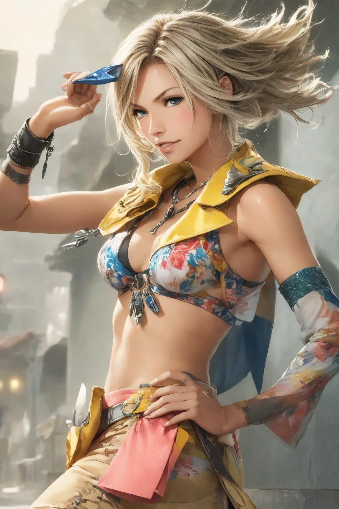 (masterpiece, best quality:1.3)
<lora:epi_noiseoffset2:1> <lora:add_detail:0.7> <lora:RikkuFF10:0.9>
RikkuFF10,  1girl, solo, long hair, breasts, skirt, blonde hair, hair ornament, gloves, navel, green eyes, swimsuit, braid, bikini, detached sleeves, sky, day, cloud, miniskirt, fingerless gloves, scarf, headband, bird, bikini top only, @_@, yellow bikini, blue headband