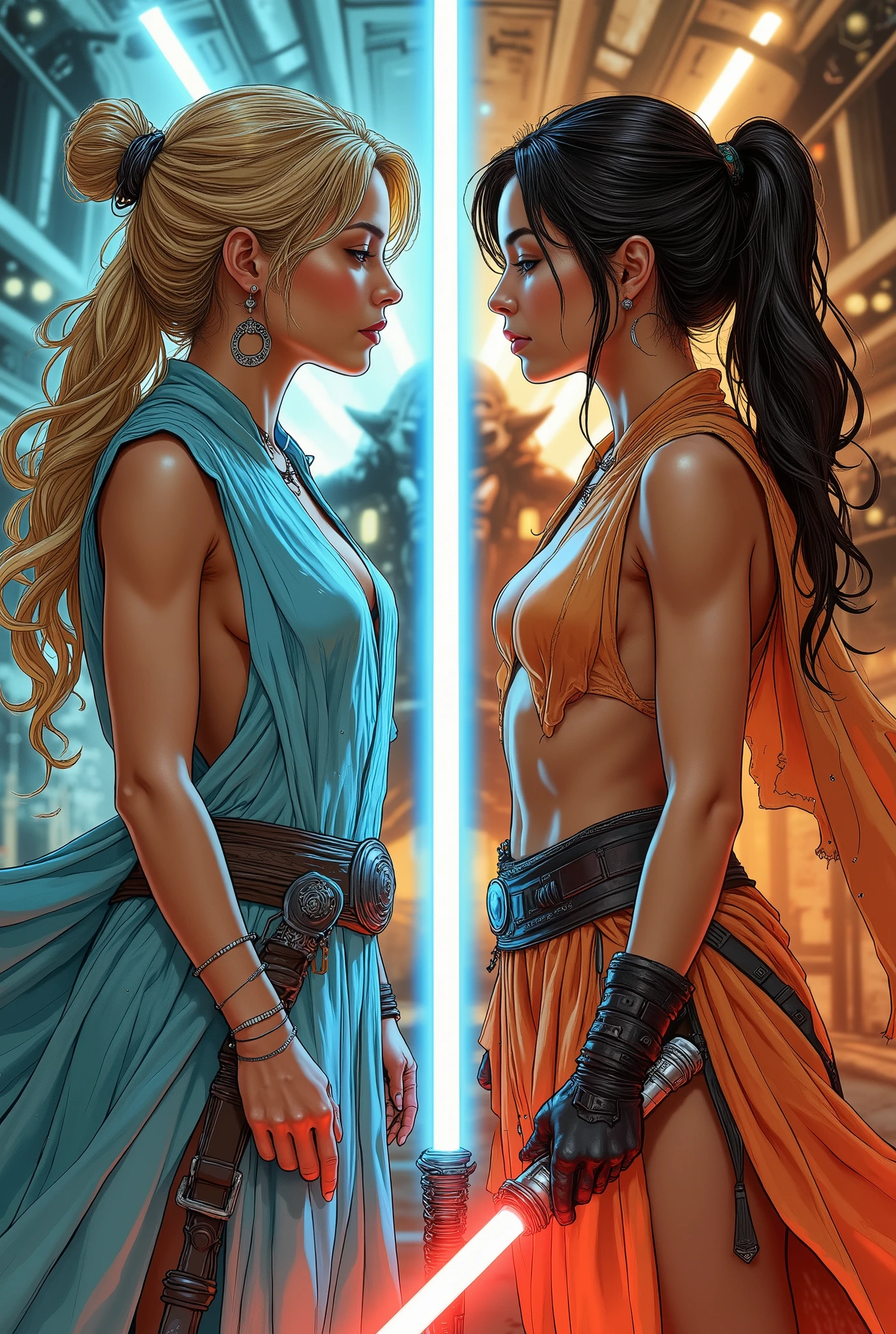 Score_9, score_8_up, score_7_up, ((highest quality)), ((masterpiece)), Perfect Anatomy, Perfect Face, (High definition), (Best Shadow), 8k, cinematic. Luis Royo's style, comics sexy art. Two women, facing each other((two distinct characters:1.3)), wearing a revealing seethrough sleeveless large tunic, stunning bodies. (1)a Jedi sexy blonde woman with blue lightsaber, (2)a Sith sexy brunette woman with red lightsaber. ((full body view:1.3))