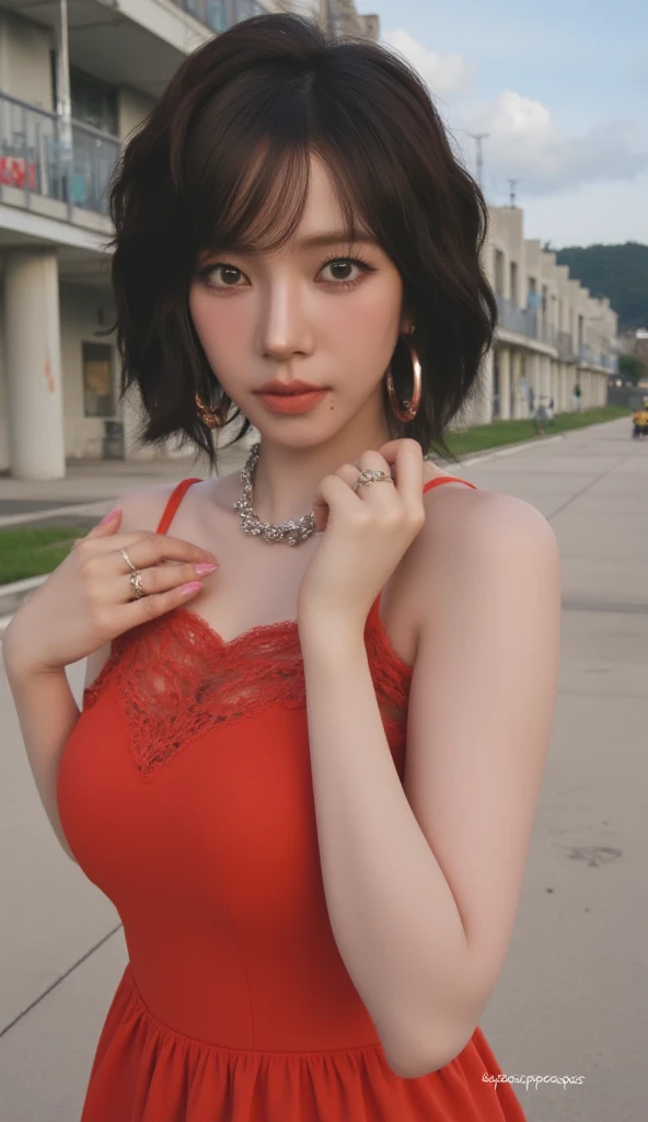 (8K, RAW photo, Best quality, Masterpiece:1.2), (Realistic, photo-realistic:1.37), Best quality, 超高分辨率, nfsw back lights, light leaks, Dynamic lighting, Slim, Smooth skin, (PureErosFace_V1:1), Bond, navel, Kpop idol, (Beautiful detailed eyes:1),(Beautiful detailed face:1),(freebuffing:1.2), Outdoors, Ulzzang-6500, Kizi, standing,full bodyesbian, (:1.2), , from the front side, Front view, view the viewer, gigantic cleavage breasts, arms back behind, street, Sunlight,