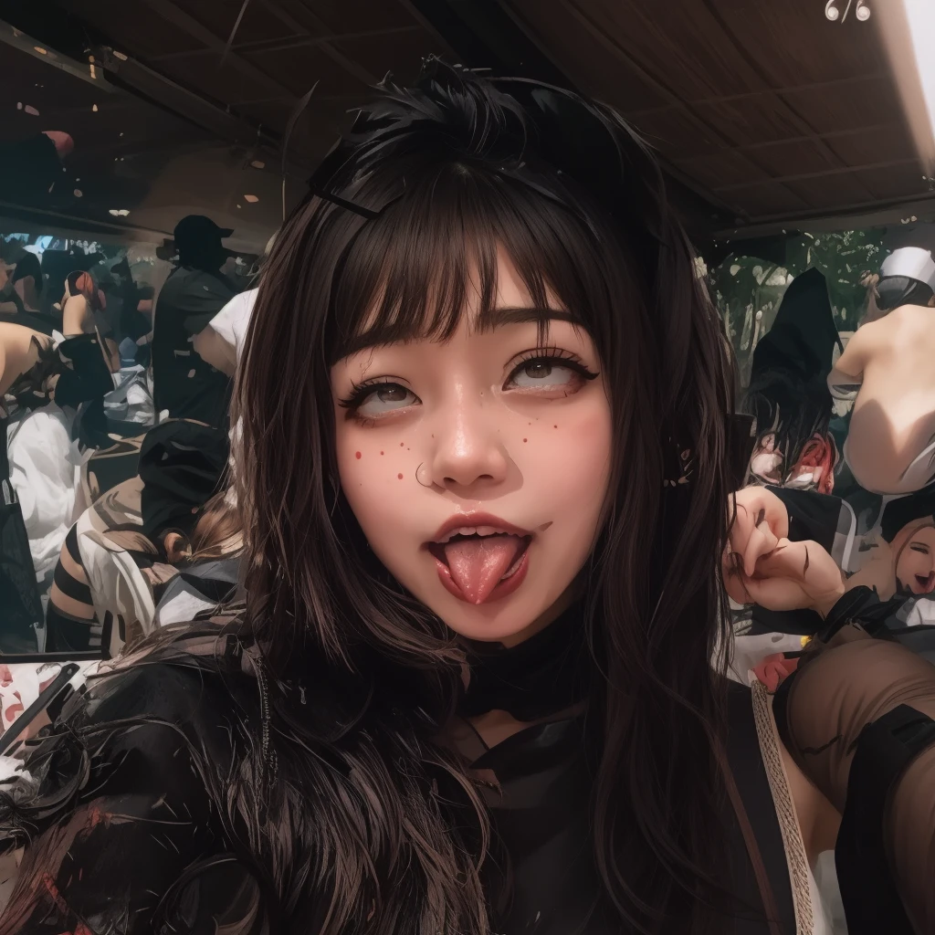 araffed asian woman with a pink flower in her hair, y 2 k cutecore clowncore, cara de ahegao, cruel korean gothic girl, Young cute pale asian face, ahegao, lengua fuera, ella tiene una linda cara expresiva, ella tiene una cara linda, kanliu666, shikami, chiho, ulzzang