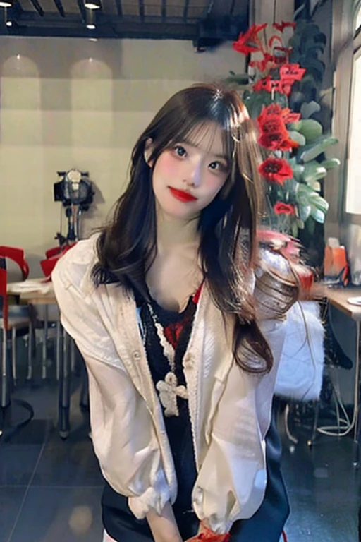 room,Idol Cross,masterpiece,Highest quality,Gray Hair, Red eyes,White shirt,(black formal hat),(Hair Clip:1.3),(A mole with a small mouth:1.3),smile,High resolution,4K,Black sleeves, Upper Body,