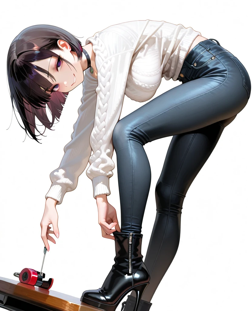 short flat chess girl in stocking and extremely short jean shorts