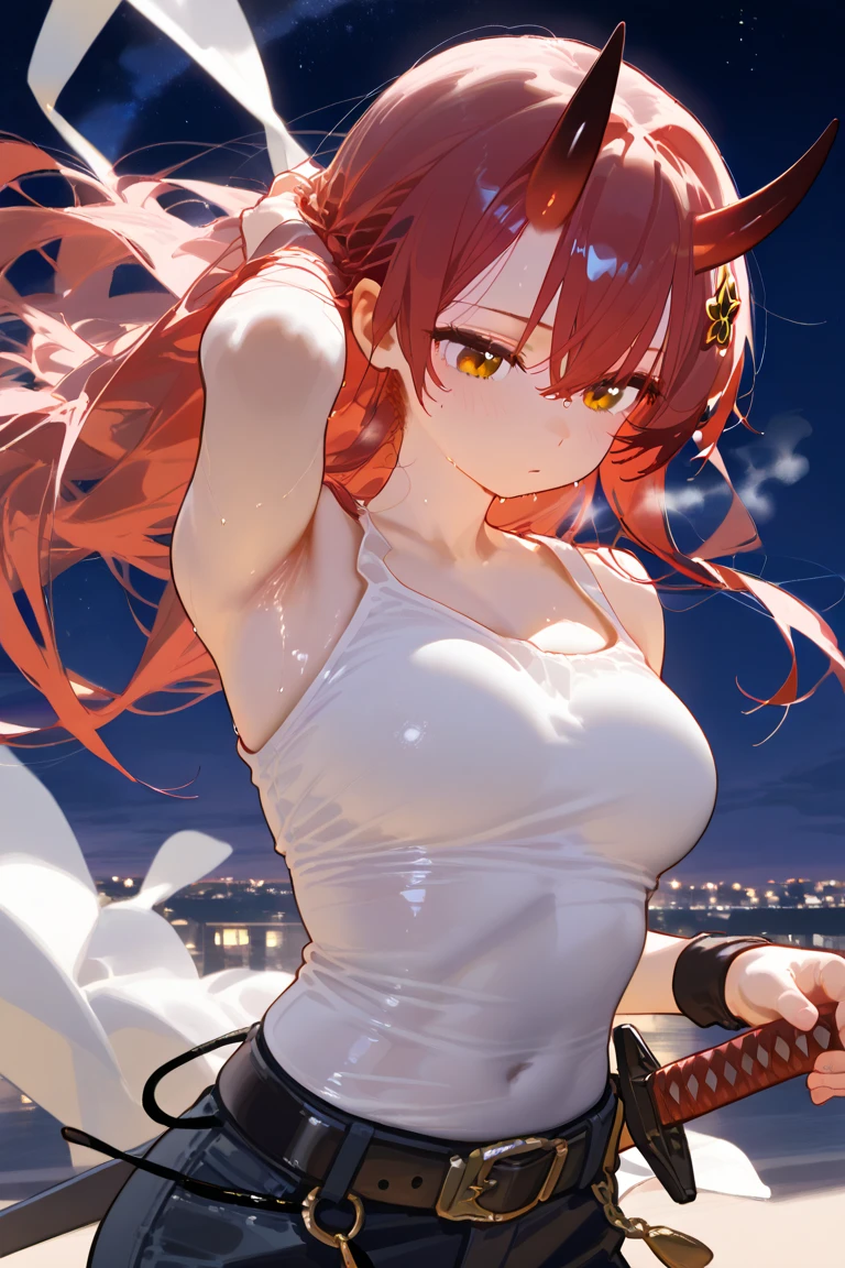 ((((Obra maestra, La mejor calidad, ultrahigh resolution)))), perfect anatomy, 1girl, long hair, red, orange eyes, bunny suit, red bunny suit, Sweating, medium breast, navel, cameltoes, beach background, sunset 